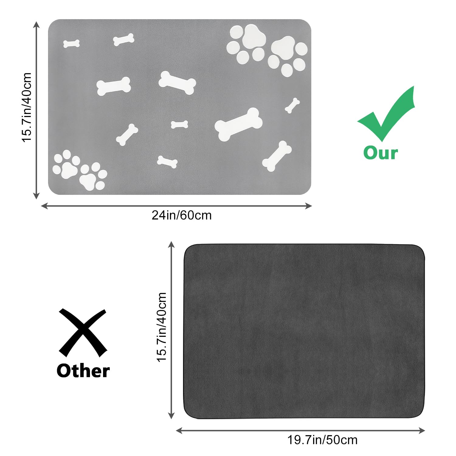 Tapis De Nourriture Pour Chien Vylro 40x60 Cm - Absorbant, Antidérapant, Motif Pattes - Gris