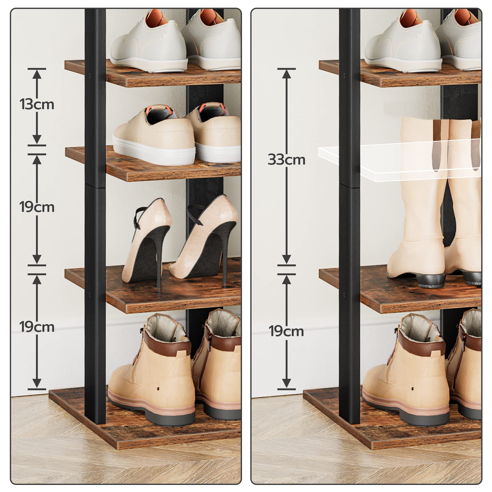 HOOBRO 8-lagiges Schuhregal, schmales Schuhablage, 50 cm Schuhschrank mit 2 Haken, Ablagegestelle, platzsparend, Stabil, für Eingang, Wohnzimmer, Schlafzimmer EBF750XJ01
