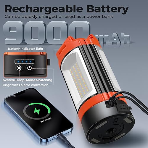 Miniatura 2 de Luz de campamento recargable de 12000 mAh con soporte ajustable, luz de trabajo inalámbrica con 3 cabezales de lámpara LED, linterna de emergencia