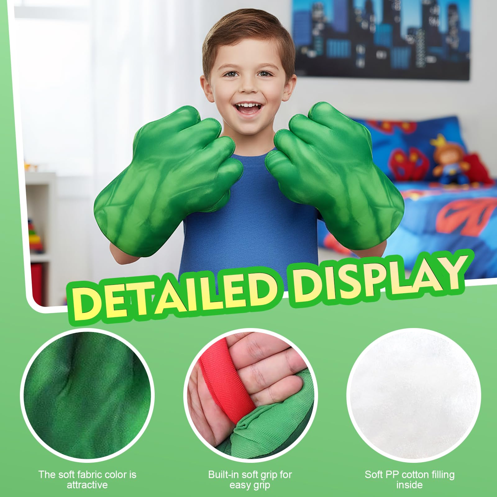 Gants de Boxe Enfant, poings en Peluche Douce, pour Cosplay, Noël, Halloween et Anniversaire, Cadeau Insolite pour garçons et Enfants (Vert)