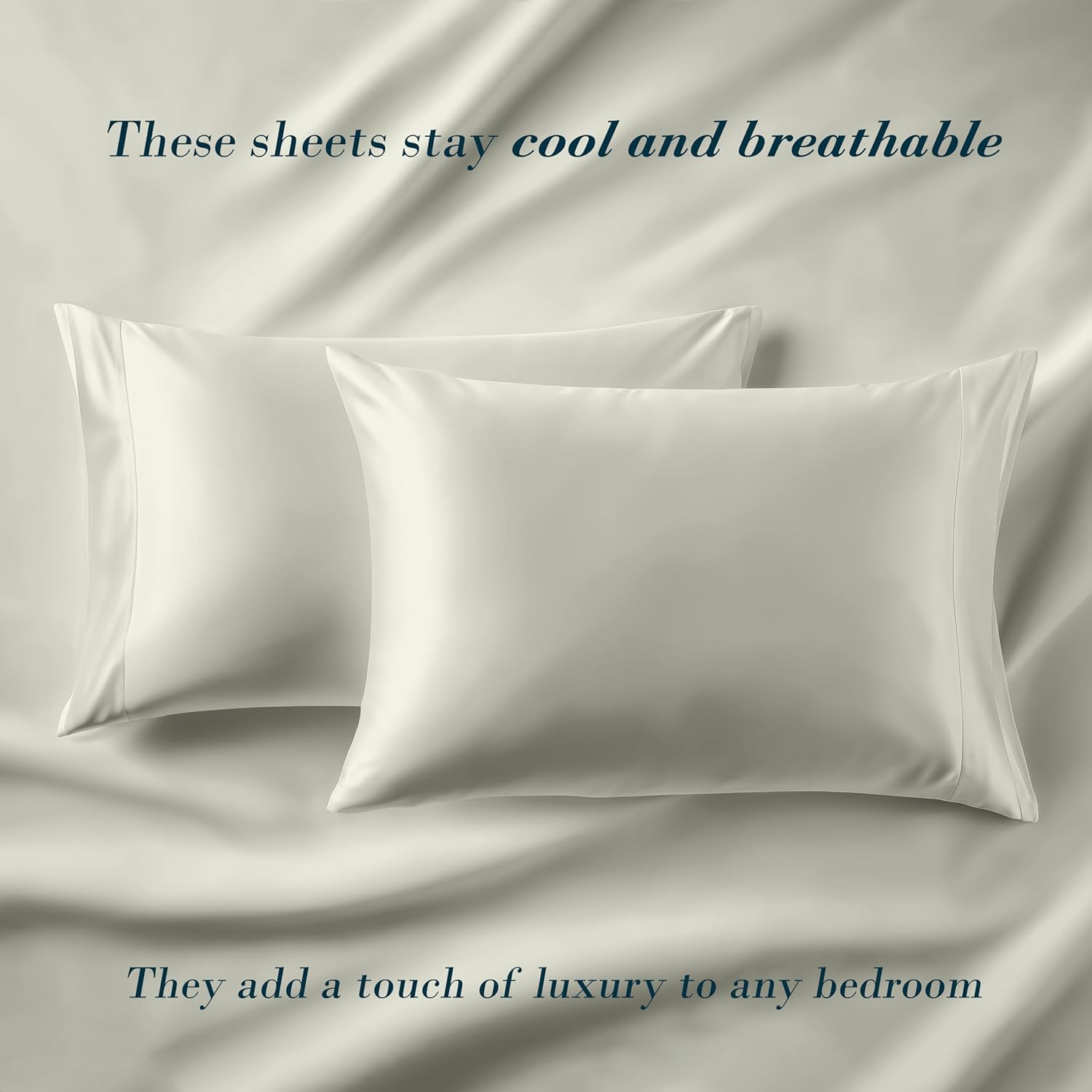 Mocassi Premium Satin 4-Piece Bed Sheet Set Ultra Smooth, Cooling, Gentle on Skin and Hair - Deep Pocket Fitted Sheet, Long-Lasting Wrinkle and Stain Resistant Fabric, Queen, Light Jade