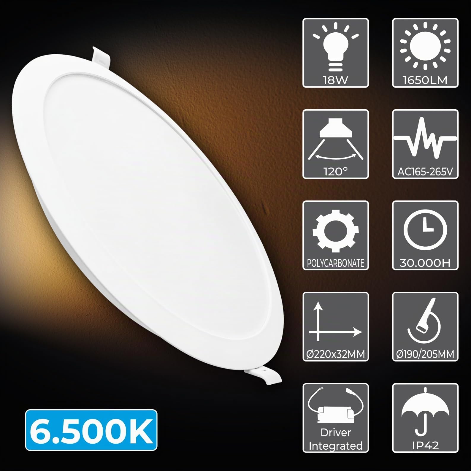 LED ATOMANT 20x Downlight LED Encastrable Découpe 190-205mm 18W Blanc Froid | Diamètre 220mm, 6500K, 1650 lumens, Driver inclus