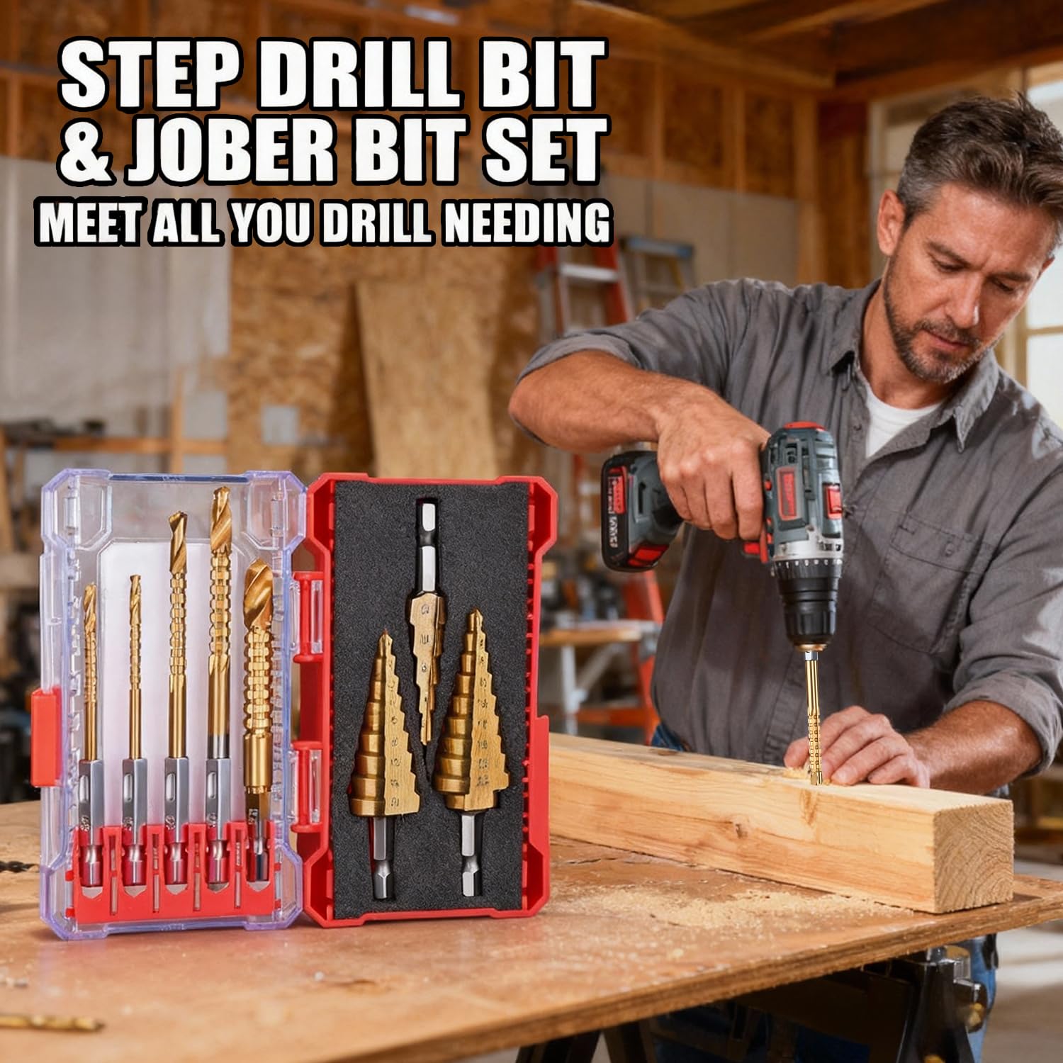 3 Pcs Step Drill Bits & 5 Pcs Jobber Drill Bits Set - Titanium-Plated HSS Hex Shank Drill Bits for Metal, Wood, Plastic Drilling with Plastic Index Storage Case