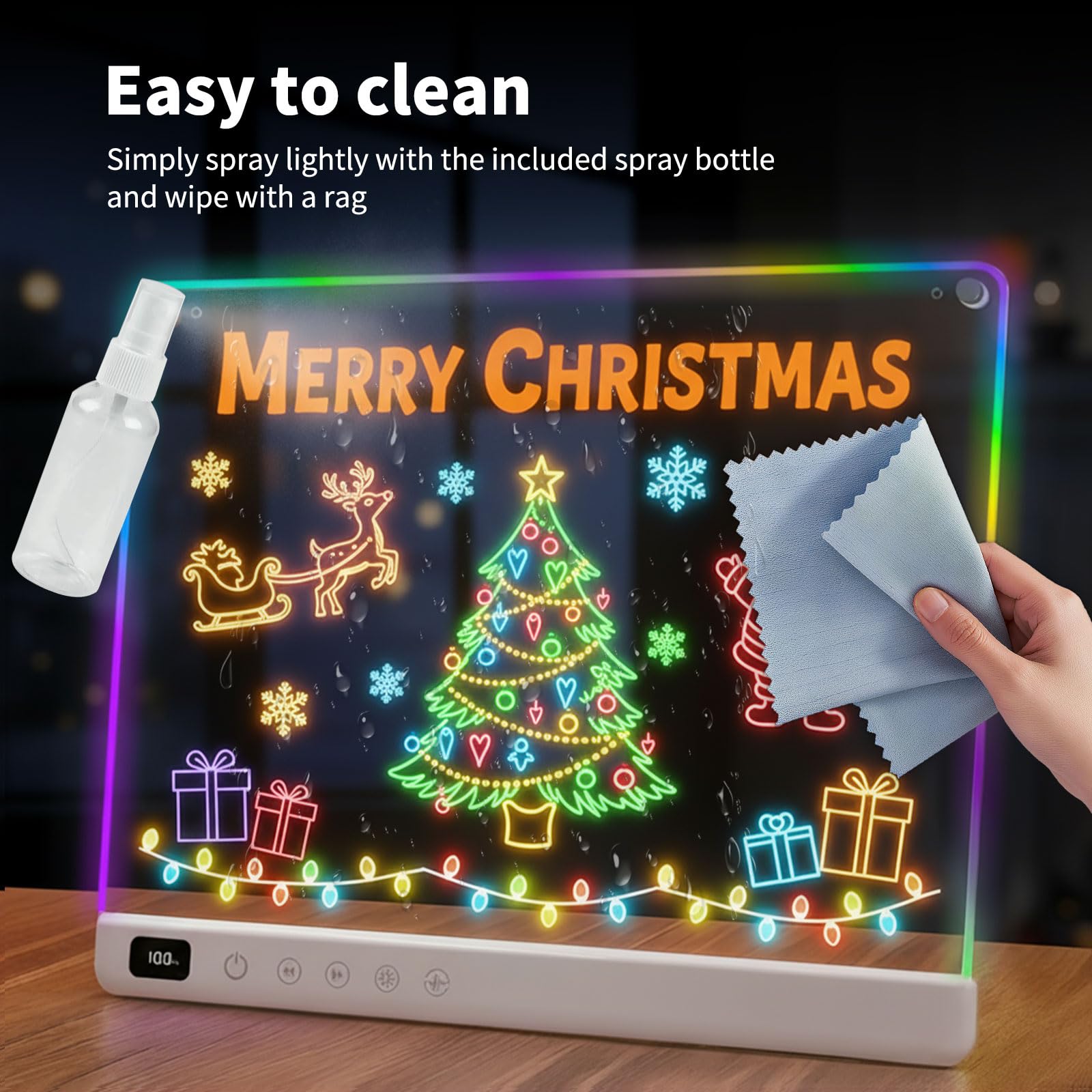 Tableau lumineux LED à notes avec couleurs, Ardoise lumineuse LED pour enfants rechargeable, 13 couleurs, 35x25 cm, inclut adaptateur, chaîne de suspension et support, Tableau à notes en acrylique