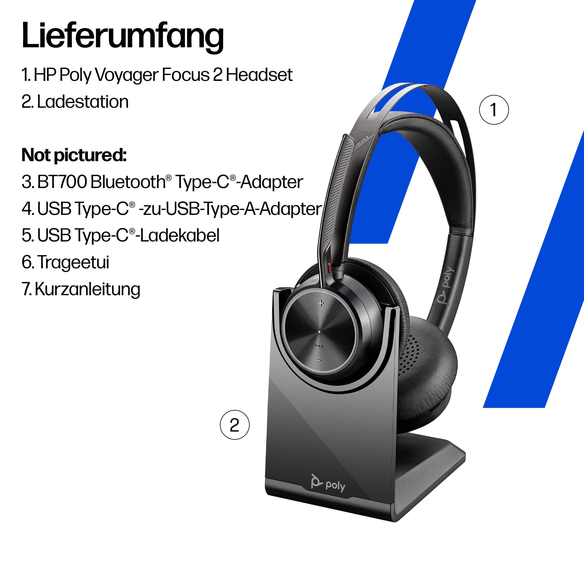 Poly Voyager Focus 2 USB-C Headset mit Ladestation und USB-A/C Adapter – Bluetooth, ANC, Acoustic Fence Technologie, bis zu 25 Stunden Sprechzeit (Generalüberholt)