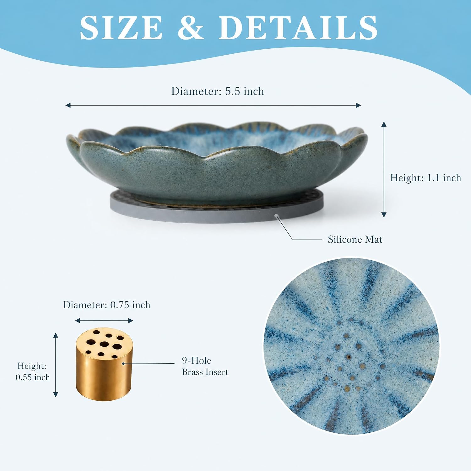 Pinehaven Ceramic Lotus Incense Holder – 5.5 Inch Hand-Sculpted Ash Catcher Tray Bowl with Brass 9-Hole Insert for Incense Sticks – Blue Japanese Zen Home Décor, Meditation Altar Gift