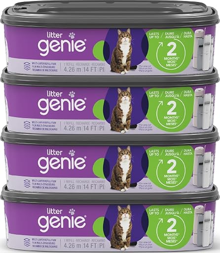 Litter Genie Standard Square Refill Bags, 4-Pack, 56 ft of Continuous Film | Multi-layer refill film with odour-locking barrier technology helps control odours and lasts up to 8 months for 1 cat.