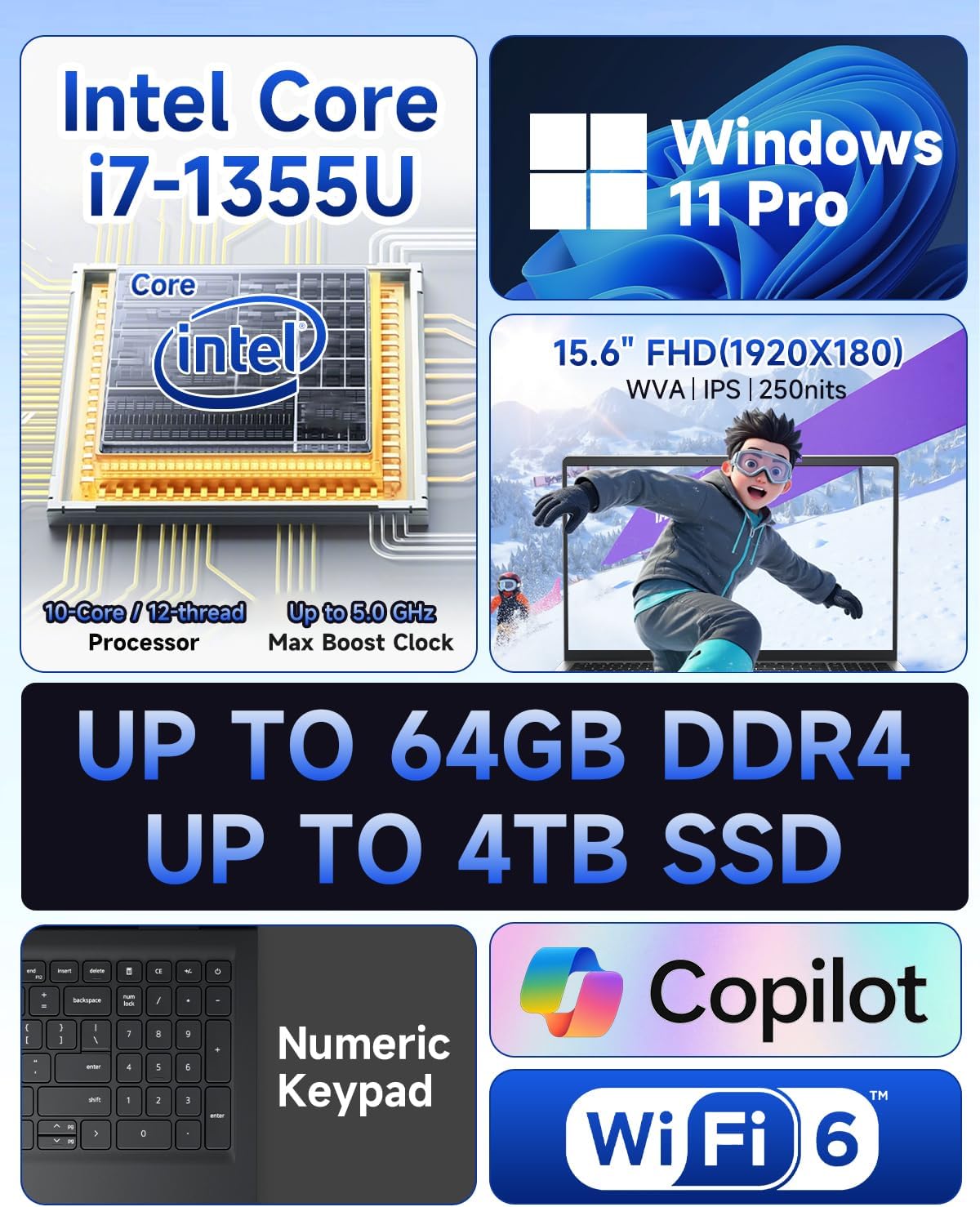 Dell 15 Laptop Touchscreen Laptop for Business & Home, Intel Core i7-1355U(10-Core, Up to 5.0GHz), 15.6" FHD Touch, 16GB RAM, 1TB PCIe SSD, Numeric Keypad, Copilot AI, Windows 11 Pro Laptop Computer