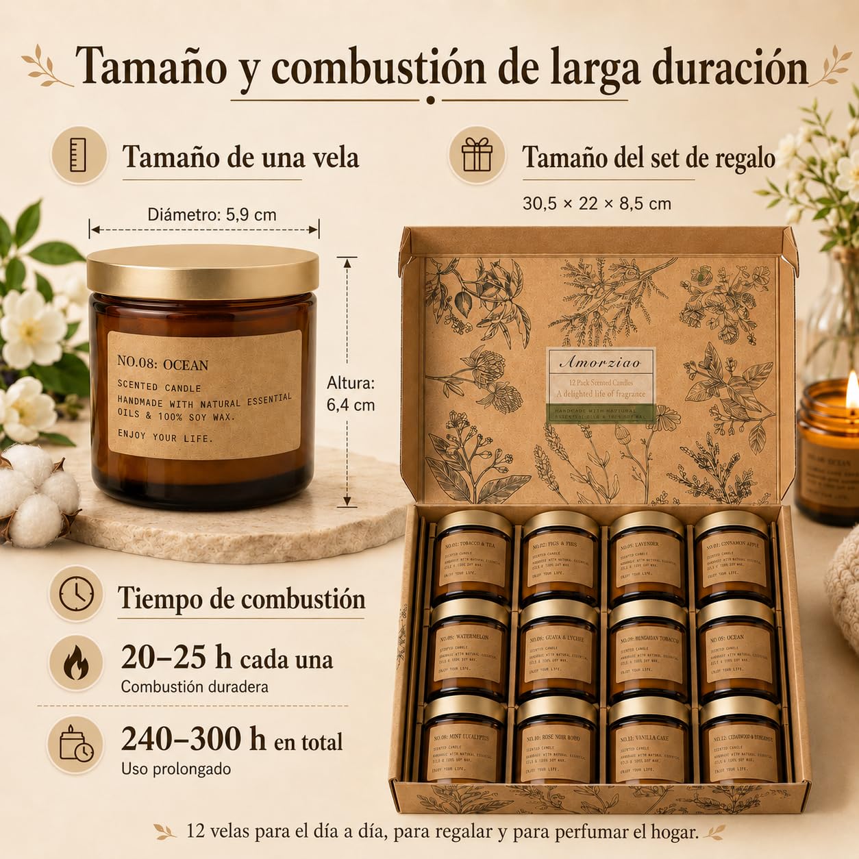 Velas Aromáticas, 12 Velas Perfumadas de Cera de Soja Natural, Vela Aromatica, 300 Horas de Duración - Regalo Original para Mujer en Navidad, Día de la Madre, San Valentín y Cumpleaños