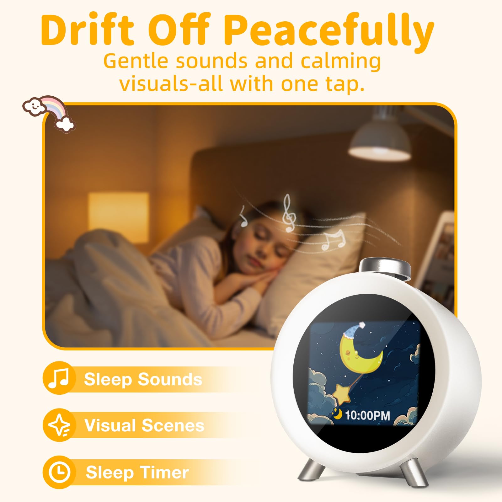 Dekala Despertador Infantil Caja Redonda con Pantalla IPS, Sensor De Temperatura & Humedad, Temas Interactivos, Sonidos De Sueño, Alarmas Personalizables para Niños Y Niñas (gris)