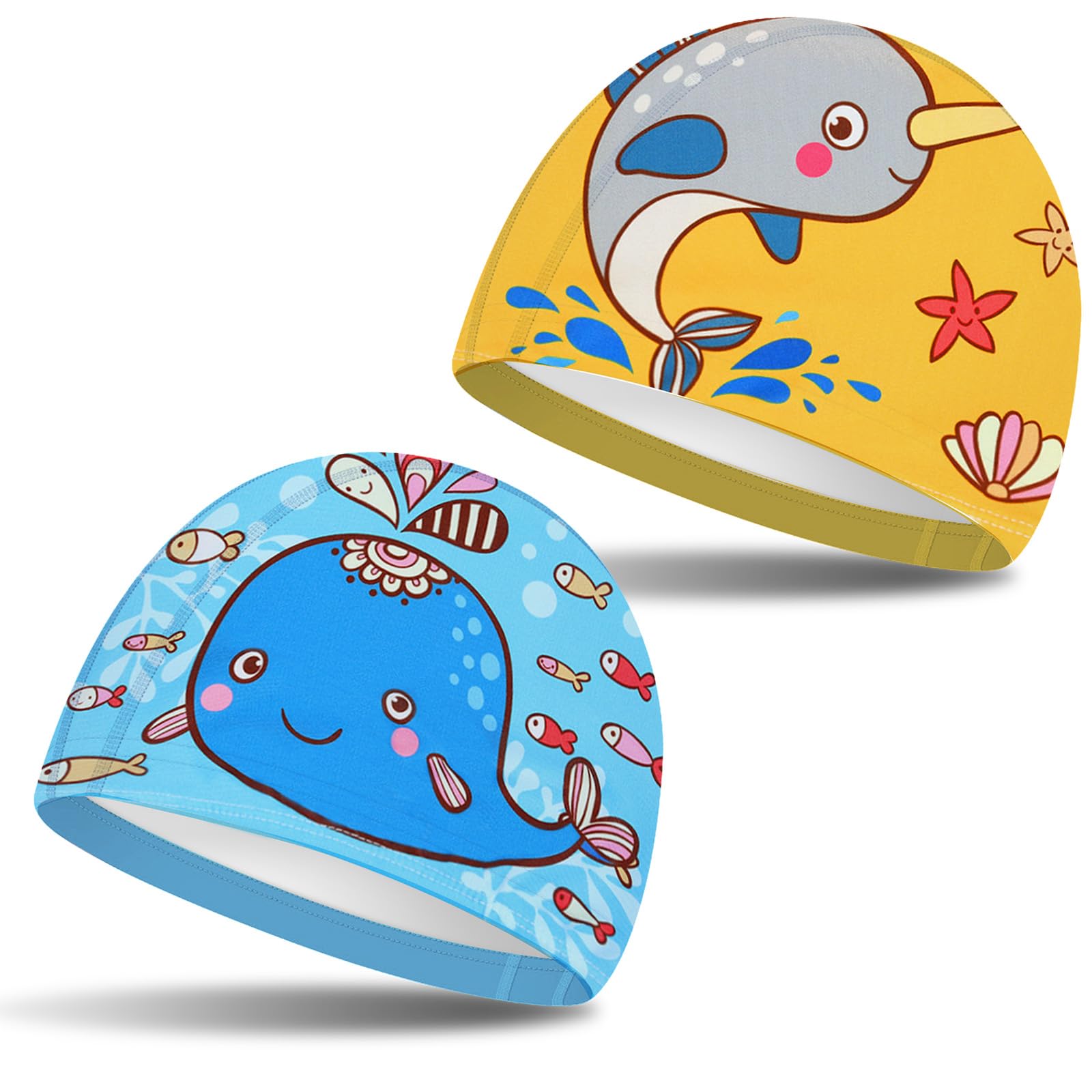 Juego de 2 Gorro de Baño,Gorros de Natación de Niños Lindos Gorro de Natación de Dibujos Animados Gorro de Baño de Poliéster Elástico para Niños Niñas de 1 a 8 Años