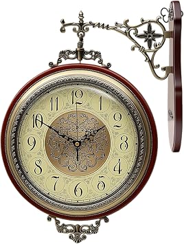Homestia 360 Rotating Double Sided Wall Clock 12 Inch, Vintage Wood Silent Non-Ticking Battery Operated for Living Room, Kitchen, Hallway, Patio, Office Farmhouse Decor Gift