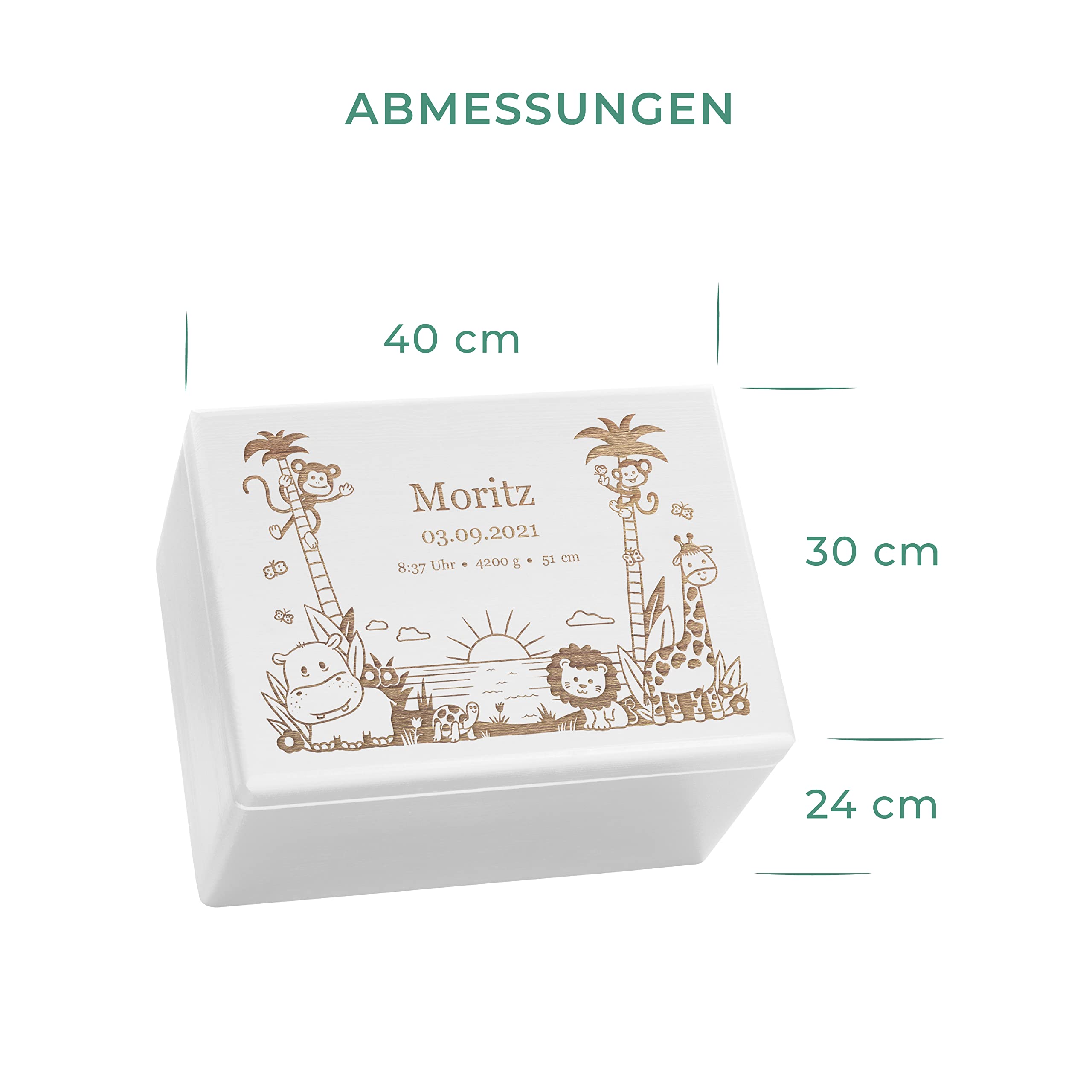 LAUBLUST Erinnerungsbox Baby Personalisiert - Dschungel - Geschenk zur Geburt | XL - ca. 40x30x24cm, Holzkiste Weiß FSC®