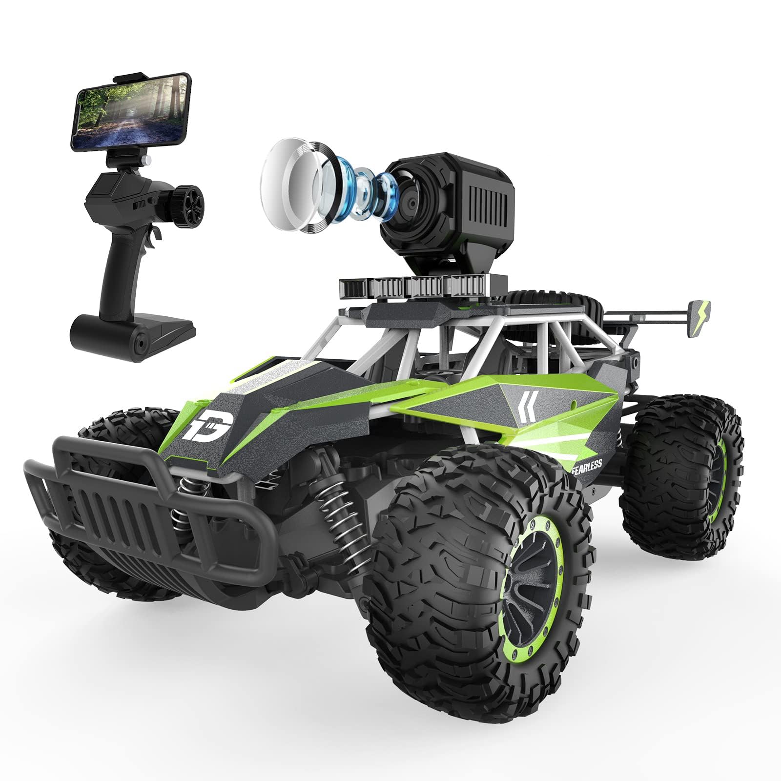 DEERC Zdalnie sterowany samochód z kamerą HD 1080p, samochody 1:16 RC ze światłem LED, zabawka Monster Truck 2,4 GHz, 2 baterie do 60 minut, prezent dla dzieci i chłopców