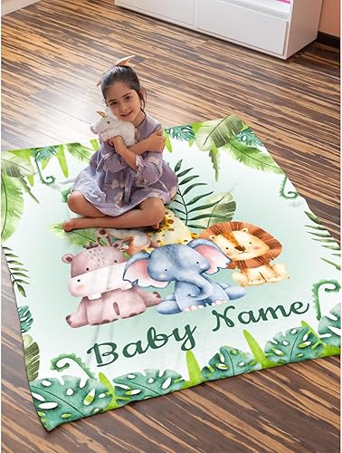 Miniatura 385 de Manta personalizada con diseño de jirafa y elefante, manta de franela suave, acogedora y ligera con nombre para sofá, cama, sofá, regalo, unisex