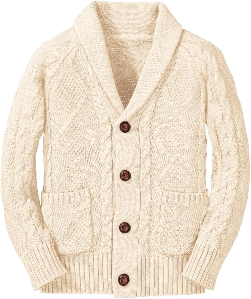 Boy's Sweater Cardigan Button Down Shawl Collar Cable Knitted Outwear Sweater Coats with Pockets