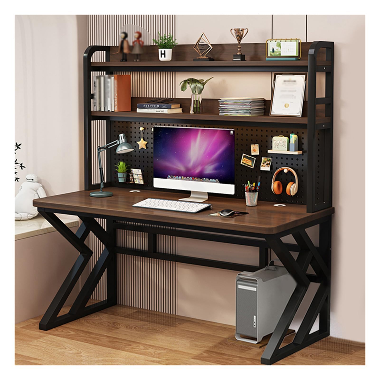 GFFQLXHT 39.3in Gaming Desk with Bookshelf Combo, Computer Desk with Pegboard, Large Writing Table with Desktop Shelves, Ample Leg Room, for Home