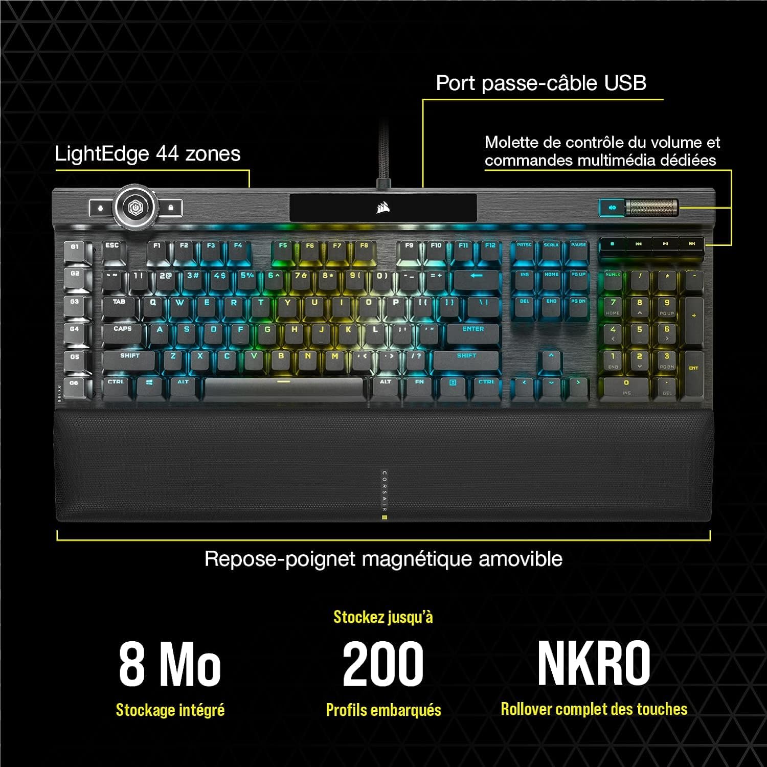 Corsair Klawiatura gamingowa K100 RGB (przełączniki optyczno-mechaniczne OPX: ultraszybkie i liniowe klawisze, podwójny wtrysk PBT, Elgato Stream Deck) AZERTY, czarna