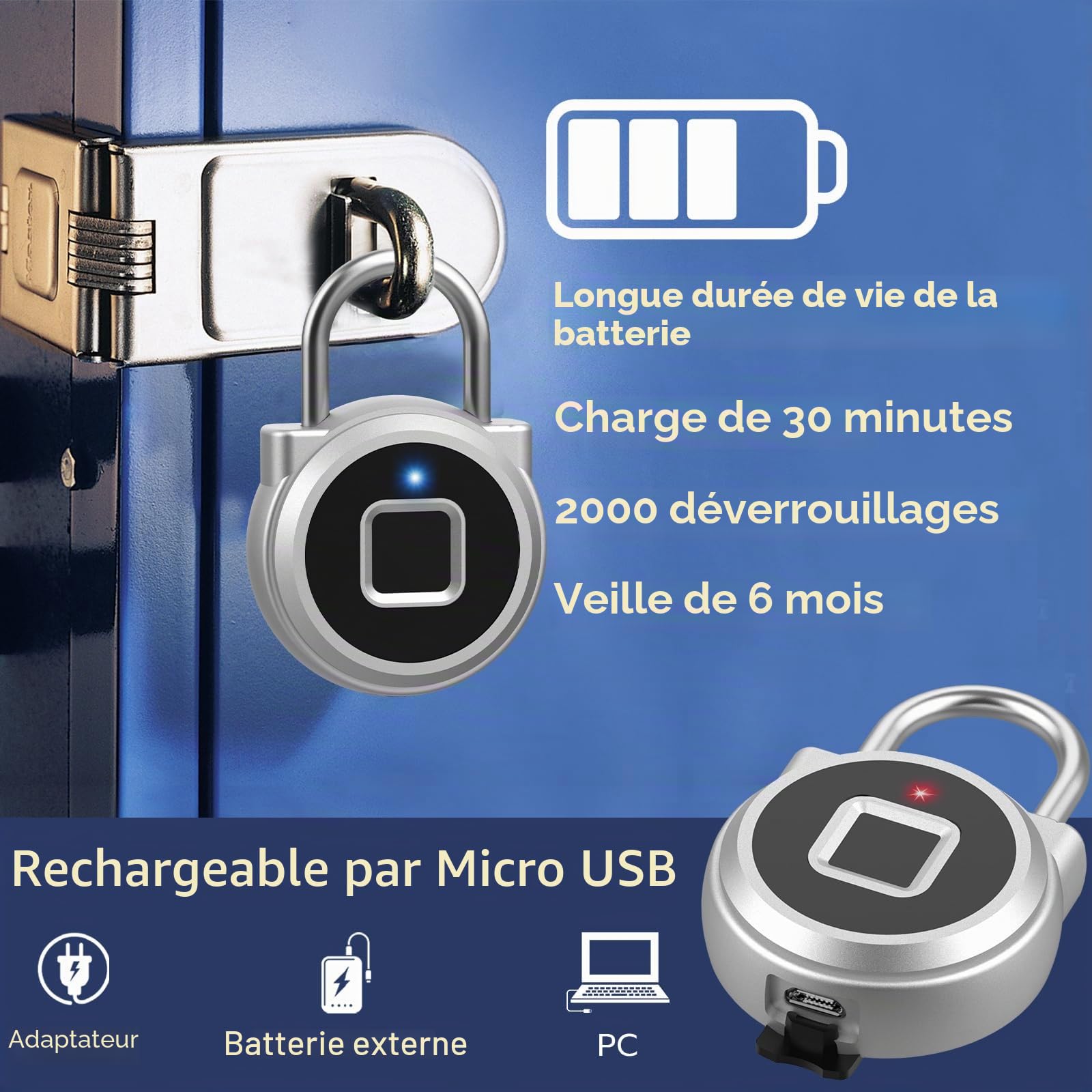 Cadenas à empreintes digitales, Eseesmart Bluetooth Cadenas d'extérieur sécurisé et résistant aux intempéries, Chargement USB, Pour clôture, portail, abri de jardin, salle de sport