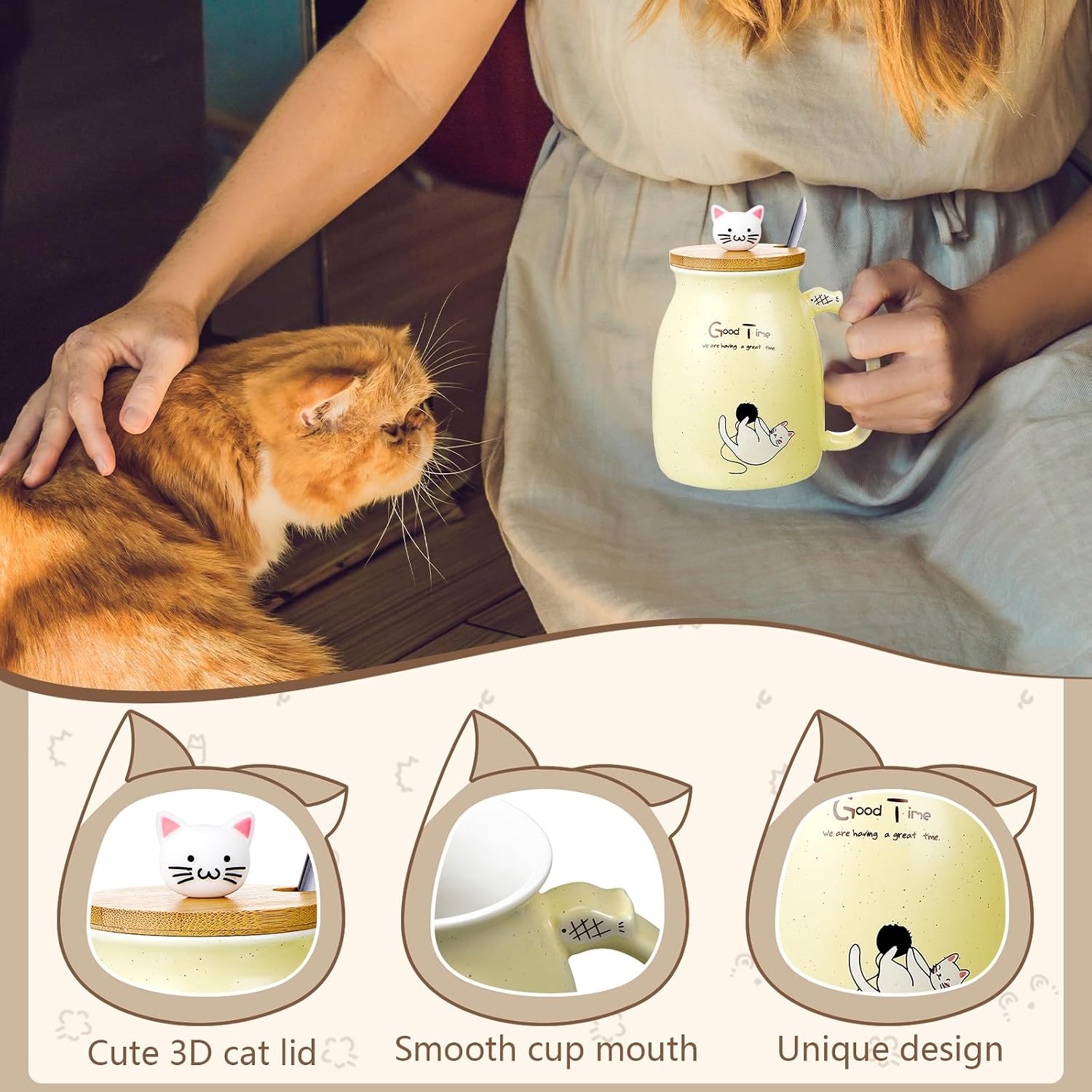FoldTier Set of 2 Ceramic Cat Mug and Ramen Bowl with Lid, Yellow image 5