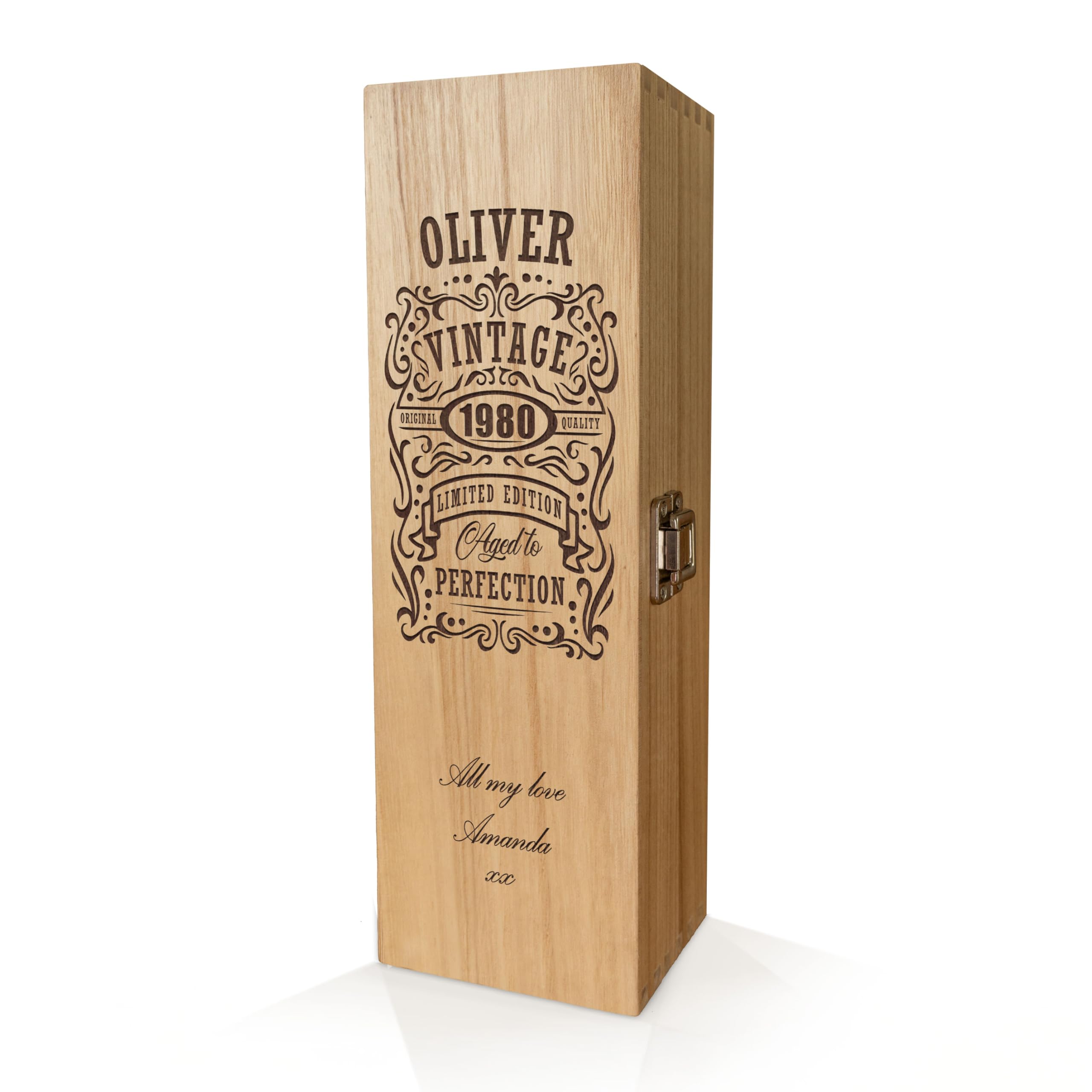 Personalised Wooden Wine Box with Hinged Lid – Custom Laser Engraved Gift with Wood Wool Filling - Limited Edition Vintage Design