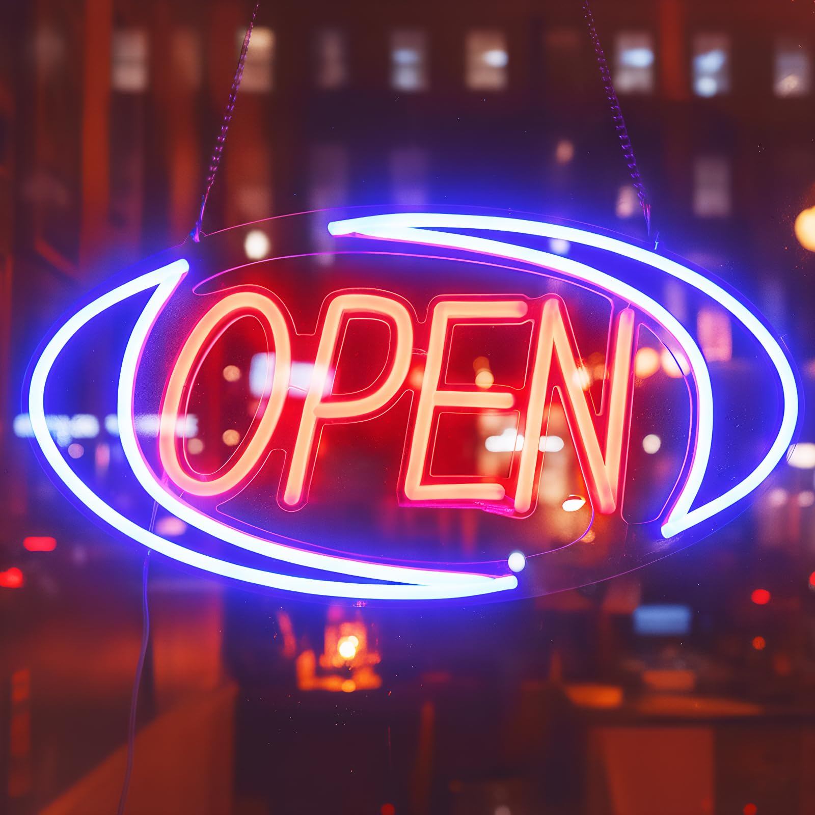 16.5" x 8.5", Open Sign for Business, LED Dimmable Neon Light with Adapter, Red Blue, Ideal for Window, Wall, Party, Bar, Coffee Shop, Salon, and Store