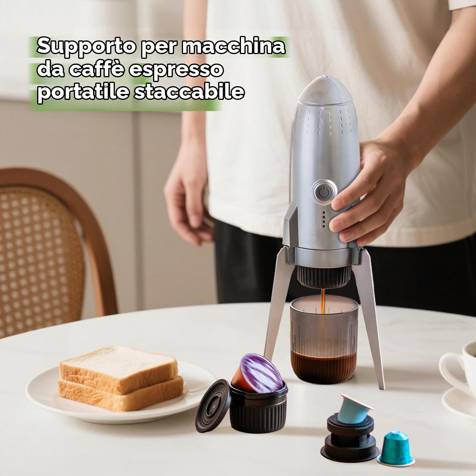 Macchina per caffè espresso portatile 3 in 1, macchina per espresso elettrica auto-riscaldante, caffettiera da viaggio a 19 bar con caffè macinato e cialda NES PRESSO/DolceGusto, grigio spazio