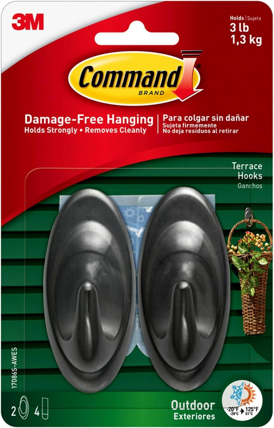 Command Outdoor Terrace Hooks, 2 Hooks and 4 Strips, Damage-Free Hanging Wall Hook for Hanging Outdoor Wall Decor with Weather Resistant Strips, Holds up to 3 l
