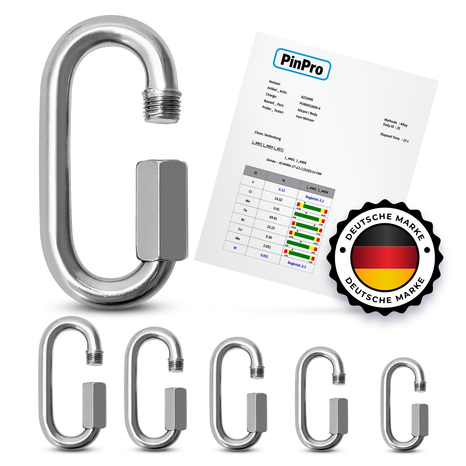 A4 Edelstahl Schraubverbinder | 6mm - 2 Stück | 1130kg Bruchlast | Rostfreier AISI 316 Schraubkarabiner | Kettenverbinder oder Kettennotglied