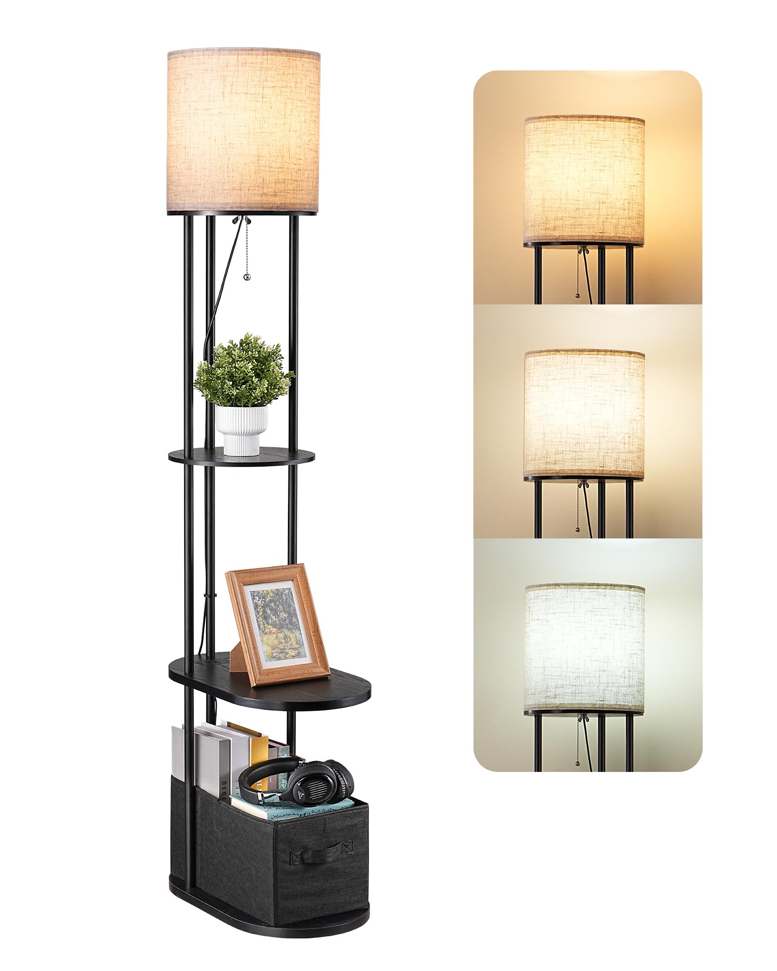 EDISHINE Stehlampe Wohnzimmer, mit Regal, Aufbewahrungskorb & USB-A+C | Inkl. Leuchtmittel, 3 Farbtemperaturen, 165 cm LED-Stehleuchte mit Ladestation, ideal für Schlafzimmer und Büro