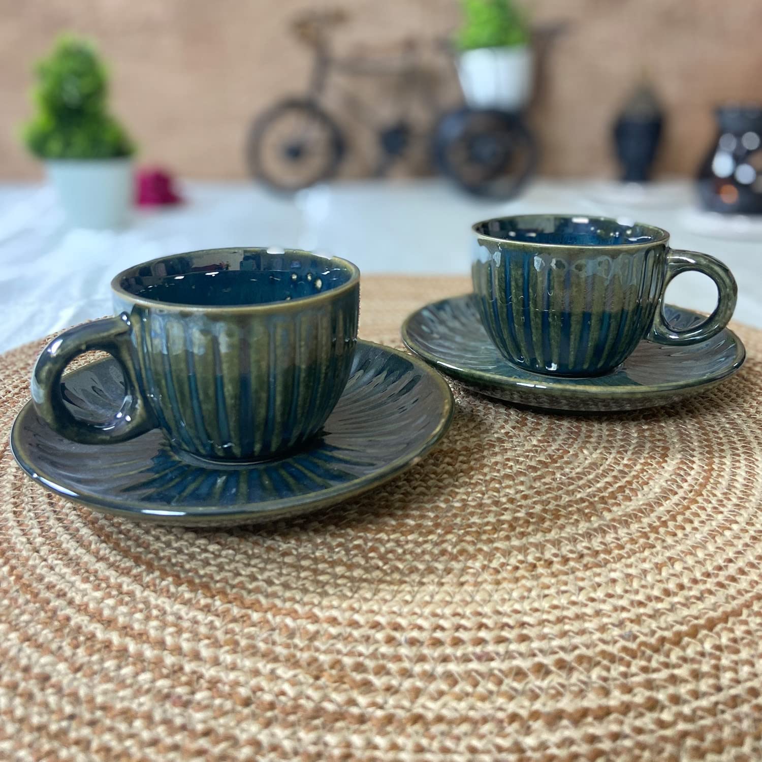 CERAMIC DINING Ceramic Chic Emerald Green Tea Cups With Saucers (Emerald Green Set Of 2), 100 milliliter