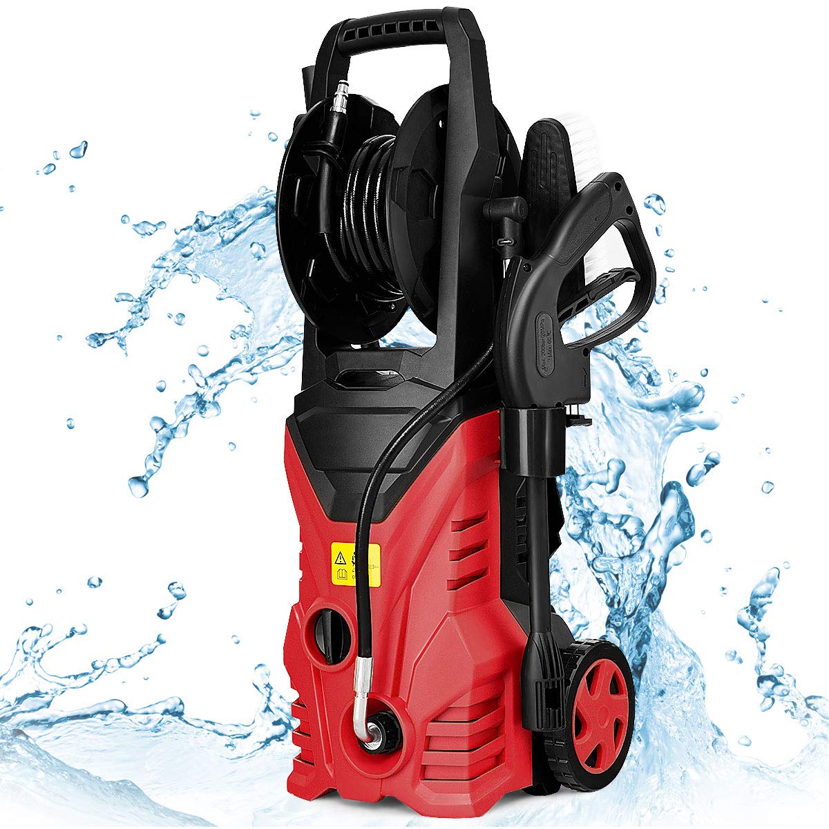 GOPLUS Limpiador de Alta Presión 1400W, 140 Bar, 300 L/H con Boquilla Lotus, Boquilla de Alta Presión, Cepillo y Bote de Lejía, Enrollador de Manguera Flexible, con 2 Ruedas para Coche, (Rojo)