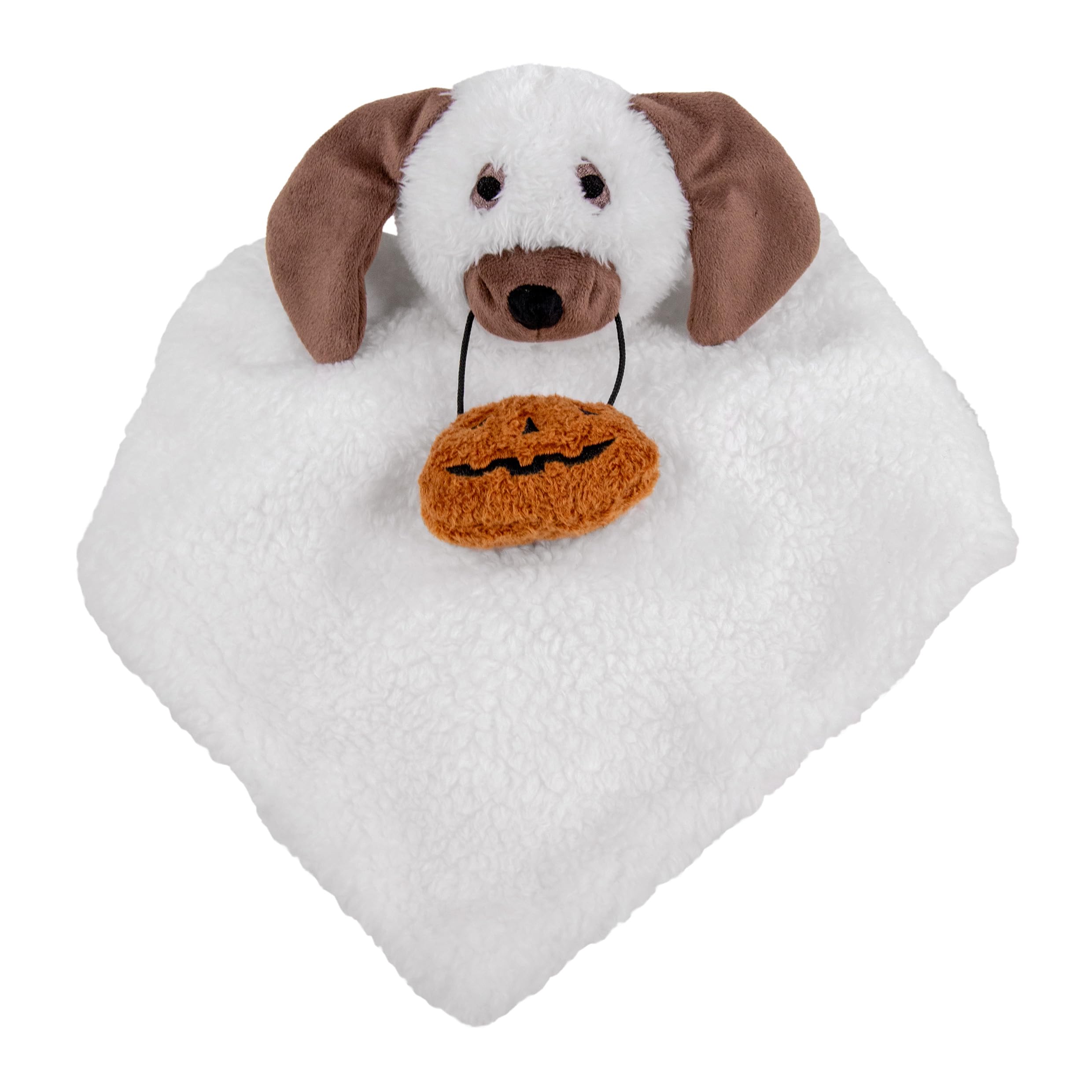 Rosewood Halloween Dewey Dog Toy – Plush Ghost Dog with Pumpkin Basket – Crinkle & Squeaker Sounds – Soft & Cuddly Dog Toy for Gentle Play, Comfort and Snuggles