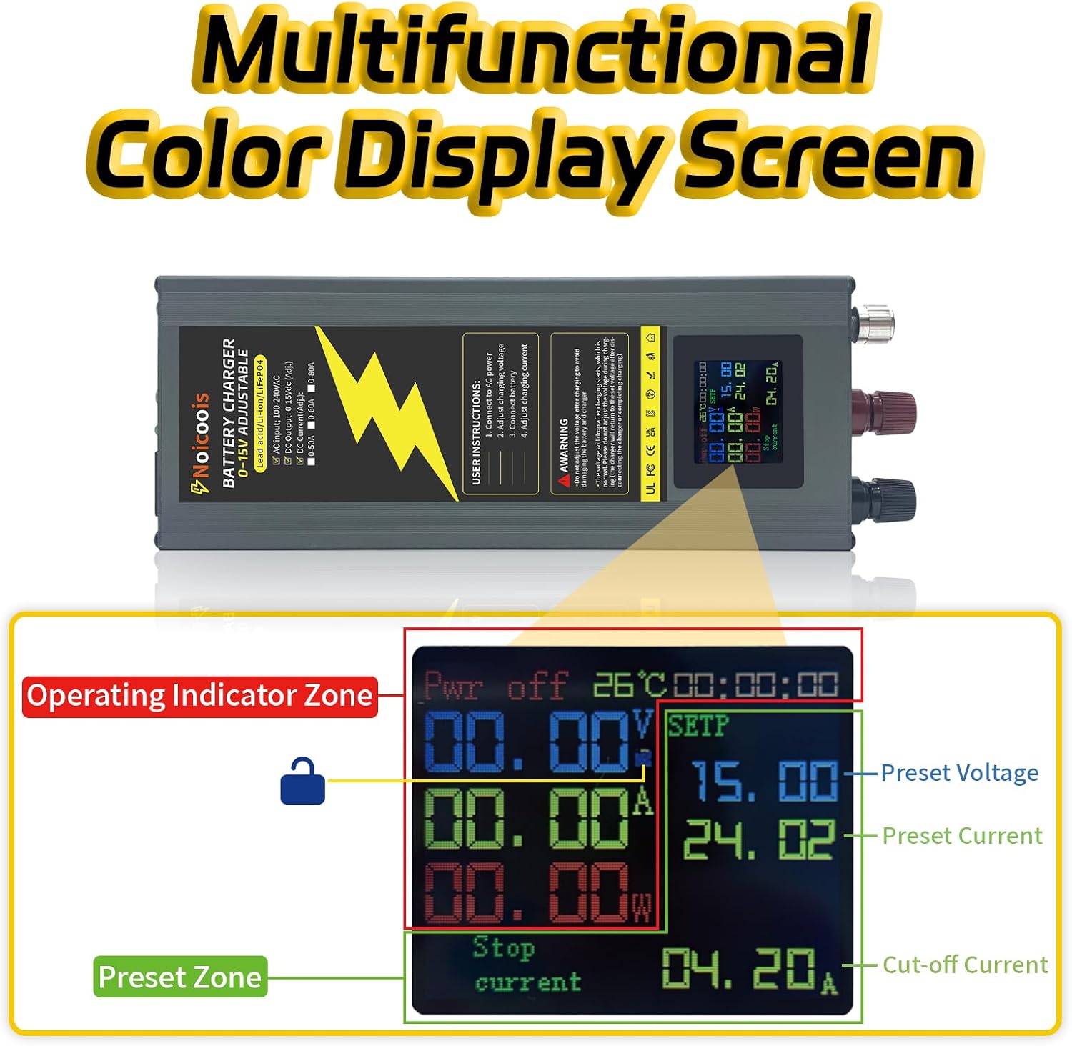 750W Smart Battery Charger, Adjustable Voltage (0-15V) & Current (0-50A) with LCD Display, Designed for 12V LiFePO4/Lead-Acid/AGM/Lithium-ion(NMC) Battery Systems - RV, Marine, Car, Solar image 5