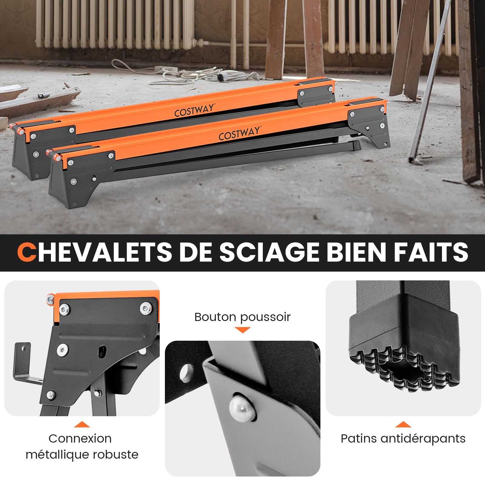 COSTWAY Lot de 2 Tréteaux de Sciage Pliables Métalliques Charge 500 kg, Tréteaux Portable avec 2x4 Bras de Support Pieds à Ouverture Rapide pour Bricolage Sciage 96,5 x 47 x 76 cm