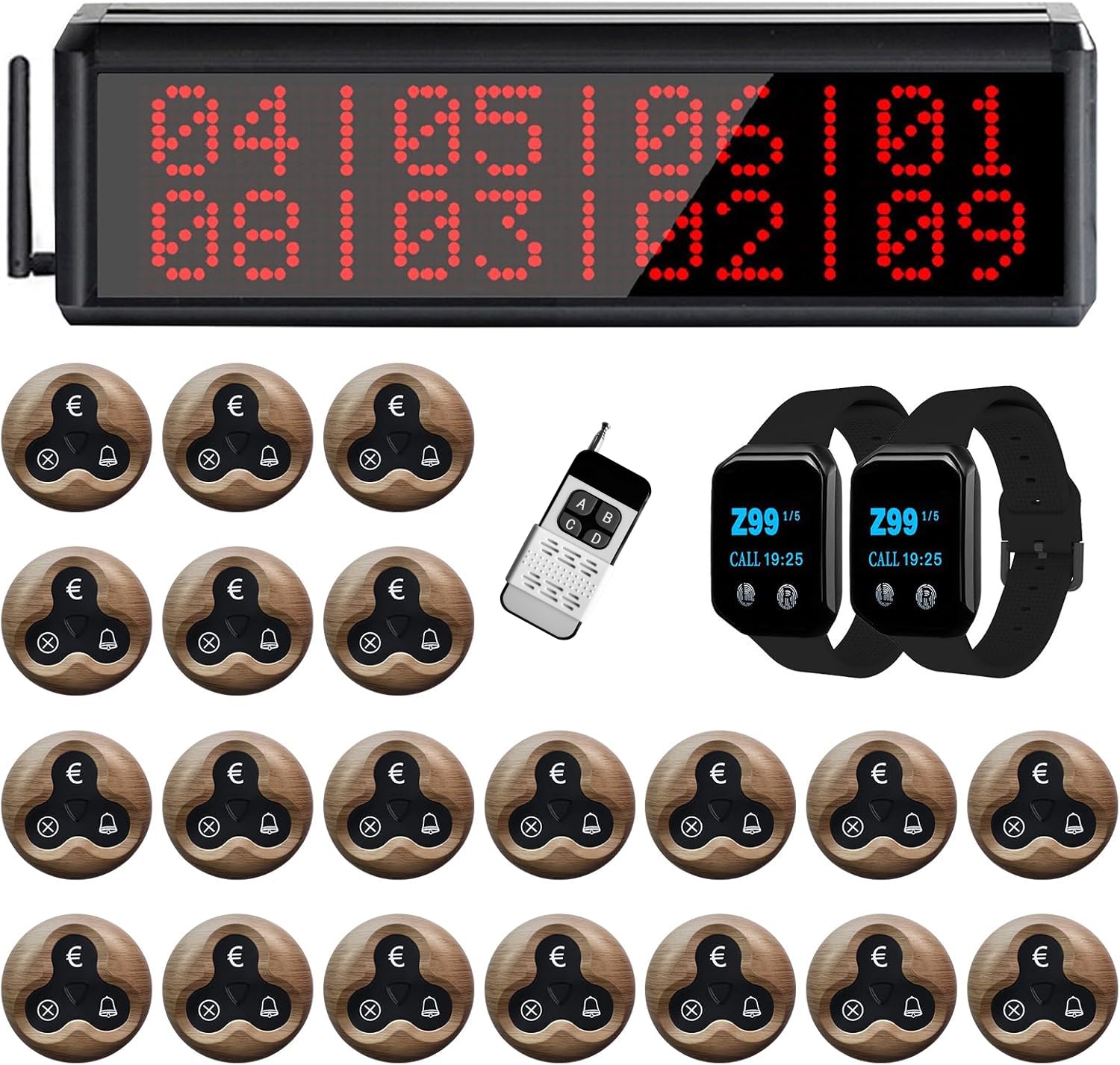 WNKRUN Wireless Restaurant Pager System Beeper Pager Calling System with 1 Number Display Host/Wood Grain Color 3-Key Call Buttons with Cancel/2 Watch Pagers