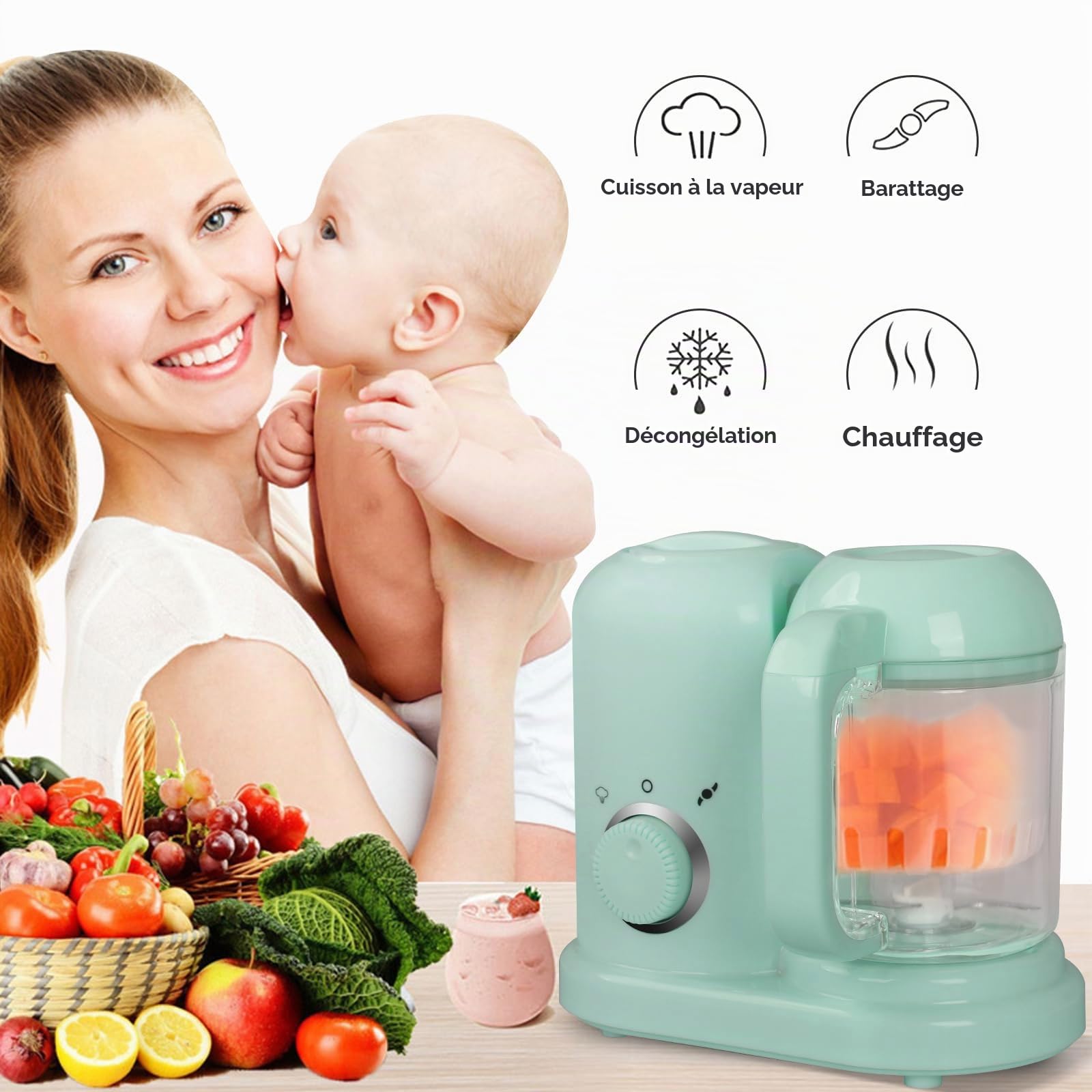 Robot multifonctions 4 en 1, préparateur d'aliments pour bébés, diversification alimentaire, cuiseur vapeur, mixeur, décongélation, réchauffage, cuisson vapeur douce, cuisson vapeur rapide (Vert)