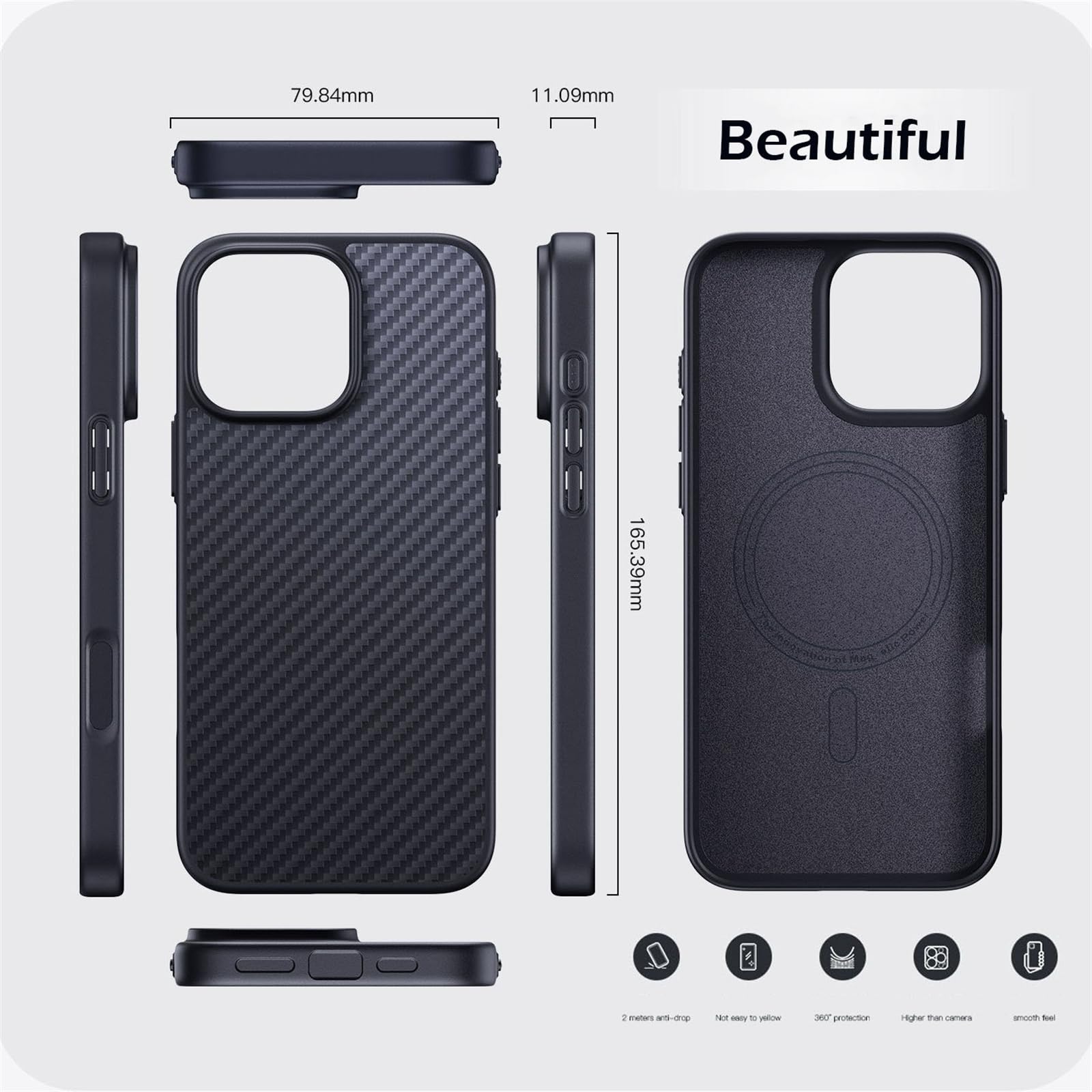Funda de fibra de aramida real para iPhone 16 Pro Max/16 Pro/16 Plus/16, compatible con MagSafe, ultra delgada, ligera, suave al tacto, resistente, duradera, de grado militar, protección
