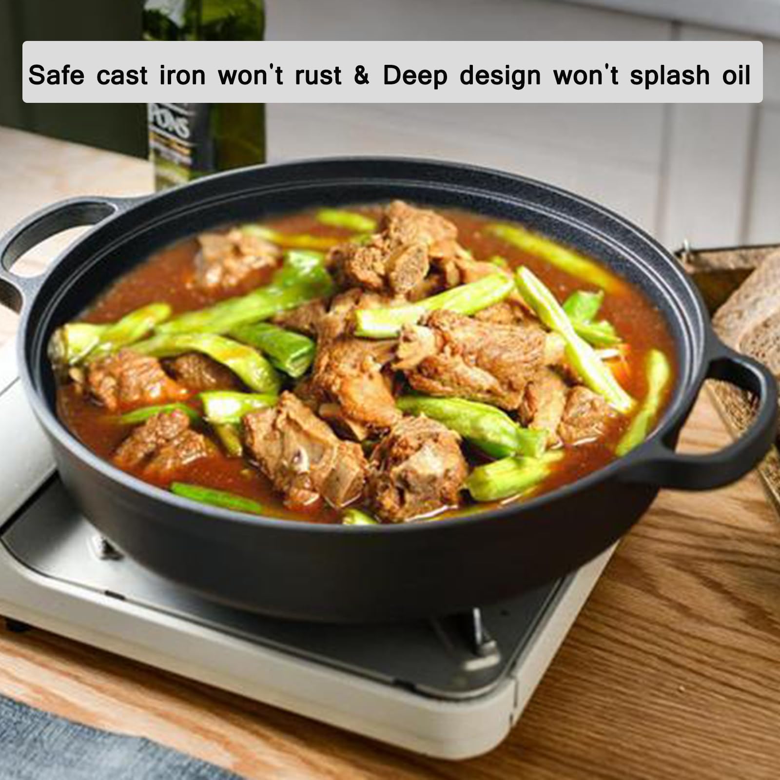 SVRITE Patelnia wok żeliwna 25/28/30/33/35 cm z płaskim dnem z drewnianym uchwytem i pokrywką, nieprzywierająca powierzchnia do smażenia, smażenia, grillowania, nadaje się na kuchenkę i piekarnik (25