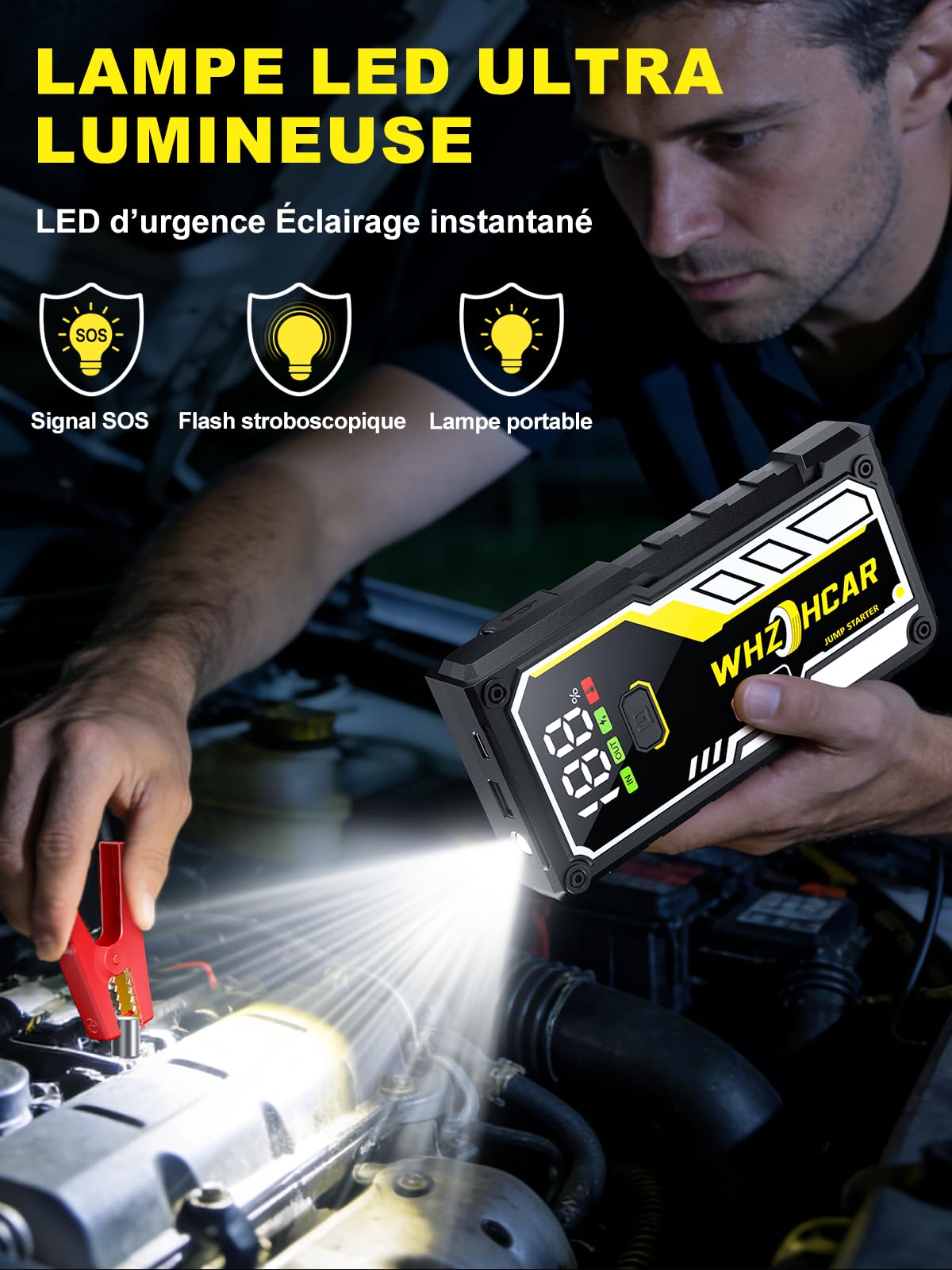 Booster Batterie Voiture 8000A Démarreur Batterie Portable（Jusqu'à Tous GAS/10L Diesel） Jump Starter 12V avec Pinces de Sûreté Intelligentes,LED，Grand Ecran d'affiche