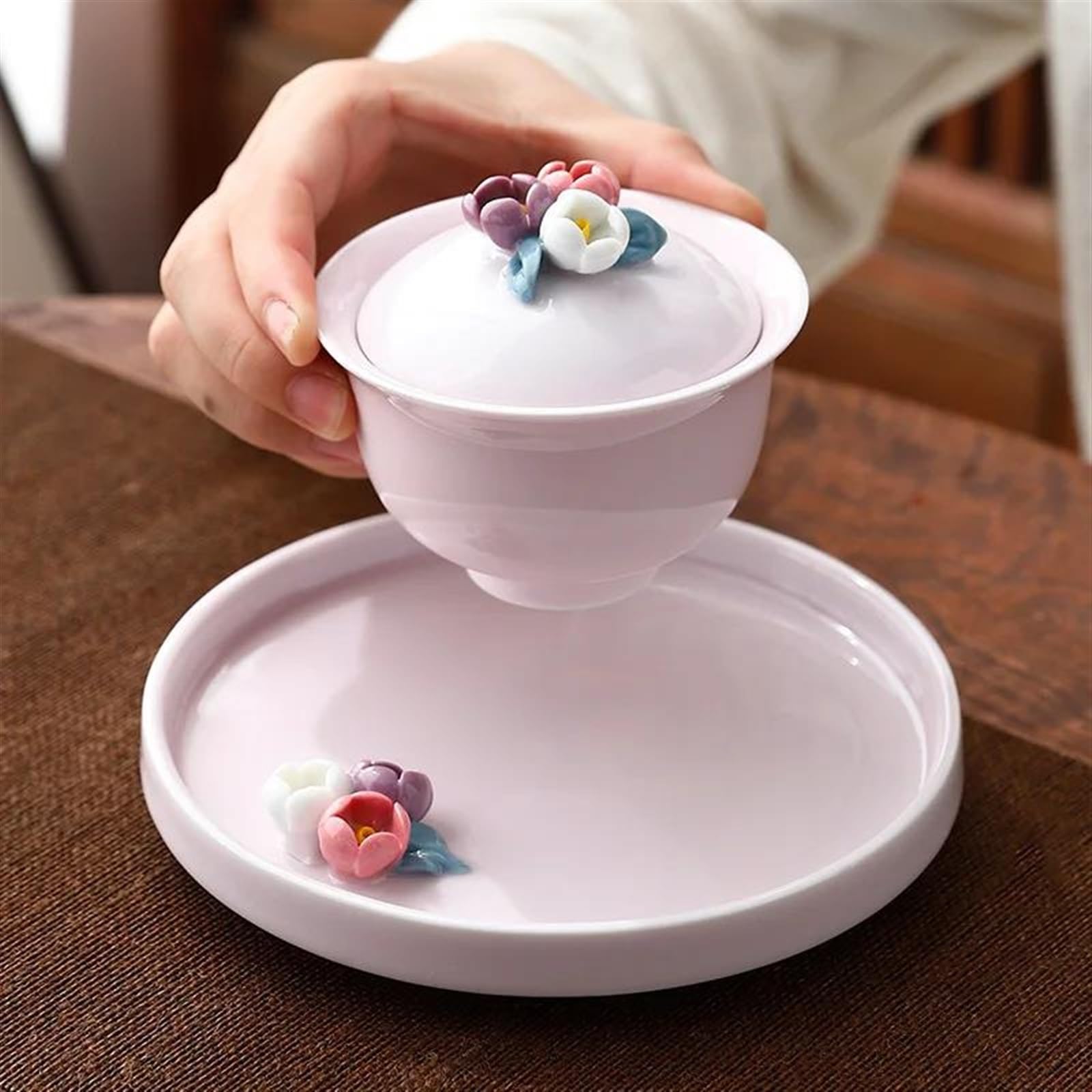 Teeservice, handgeknetete Blumen-Teetasse, Kung-Fu-Teeservice, Keramik-Teetassen-Set, Teegeschirr, Teeschale, rot, chinesisches Hochzeits-Teeservice, Reise-Teeservice, Teekann(720ml White)