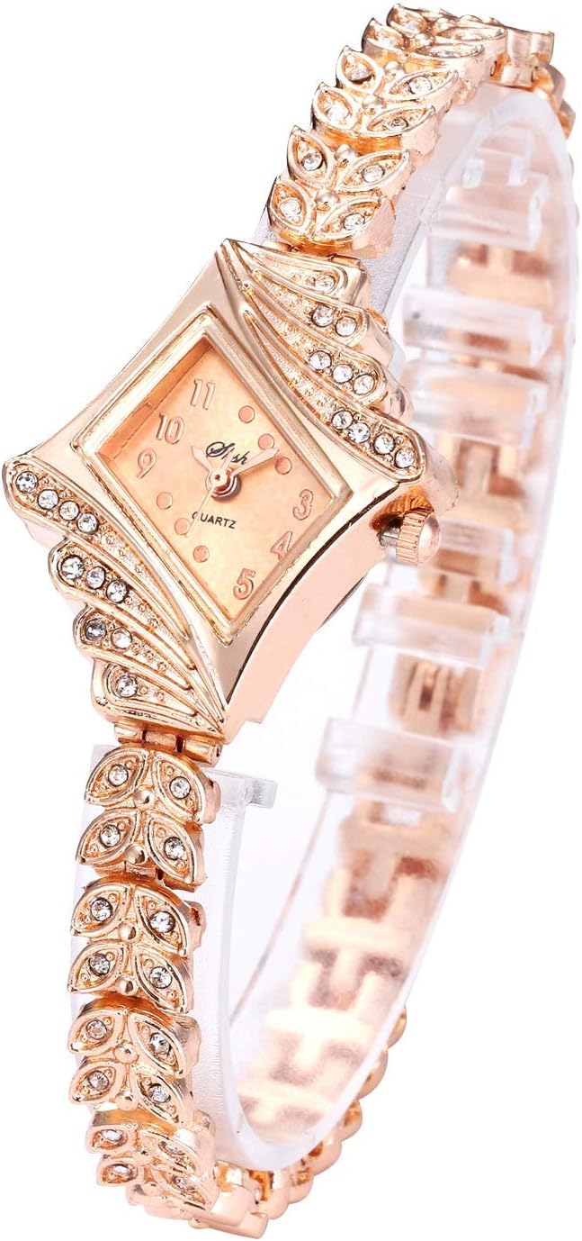 LsvtrUSLady Women Quartz Rhinestone Crystal Wrist Watch Rhombus Gold Surface