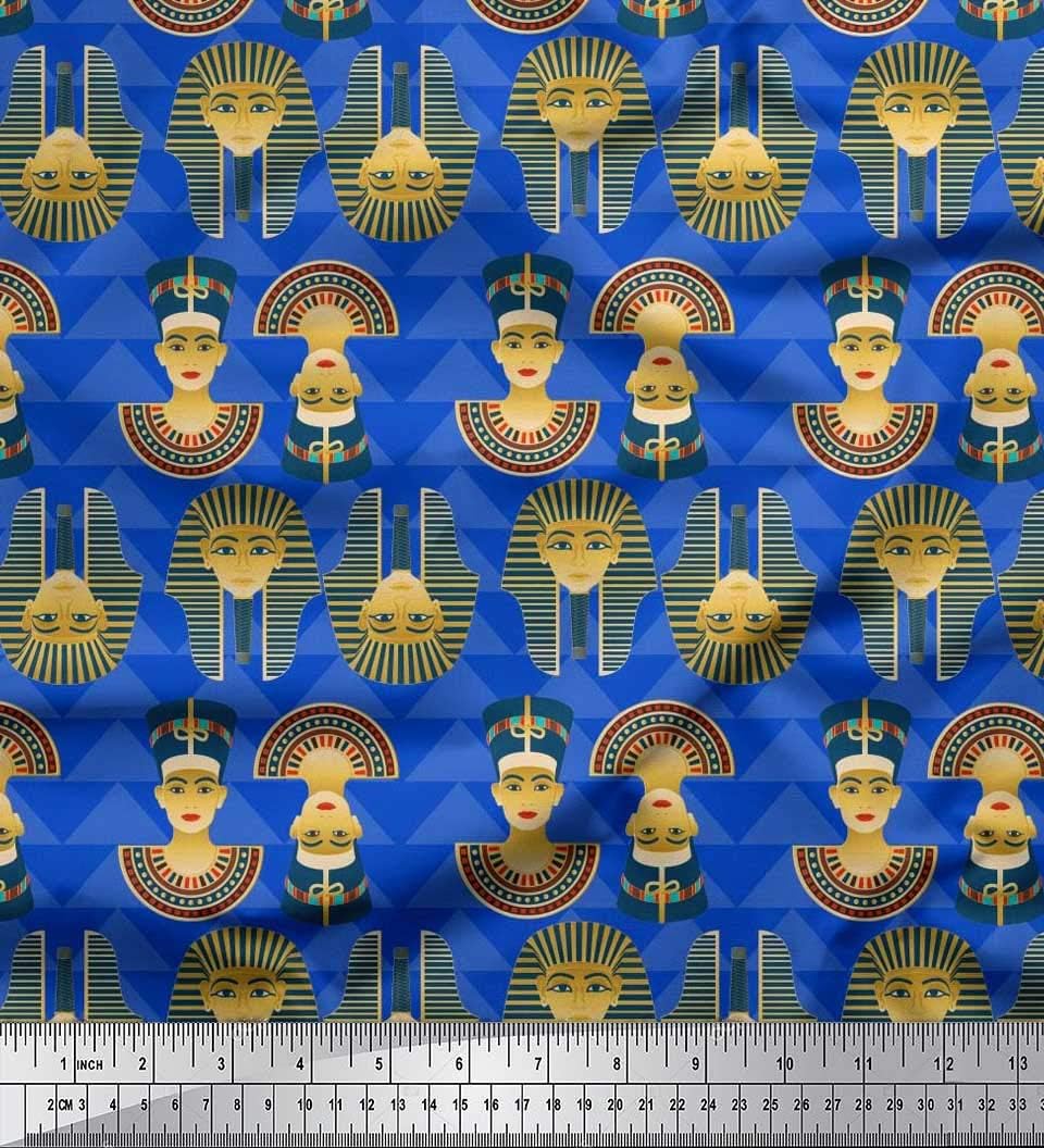 Soimoi Blue Heavy Satin Fabric Egyptian Women Head & Triangle Geometric Decor Fabric Printed Meter 54 Inch Wide