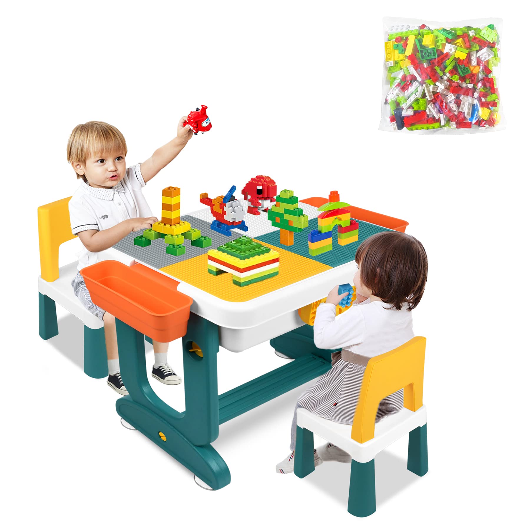 Froadp Tavolino per Bambini con 1 Sedia Tavolo Multiattivita Tavolo da Gioco con Scatola di Immagazzinaggio Blocchi da Costruzione Set di Tavoli e Sedie per Ragazzi e Ragazze (Tipo B)