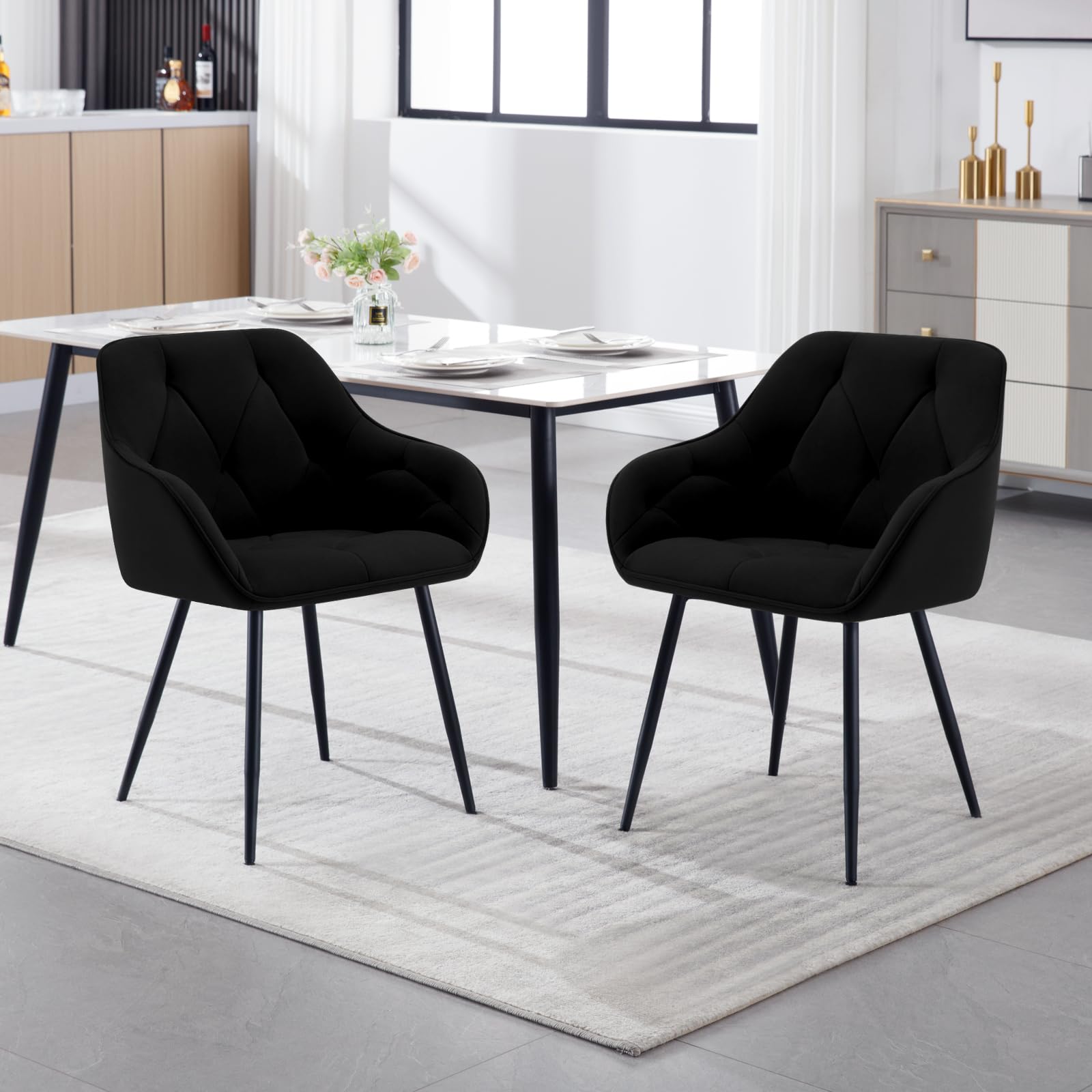 WOLTU Set di 6 Sedie da Pranzo con Braccioli e Schienale, Sedie Cucina Moderna in Velluto, Poltrone da Salotto con Gambe in Metallo, Sedie ergonomiche per Ufficio, Bar, Nero,