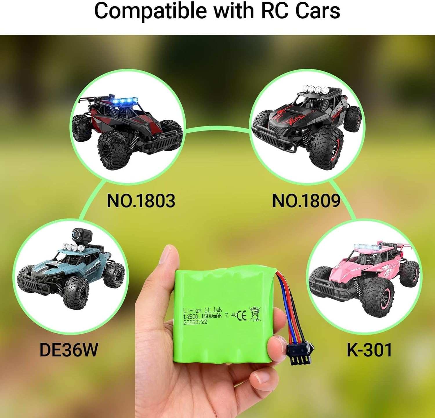 7.4V 1500mAh Li-ion Battery with SM-4P Plug and Charger Cable for DE36W DE65 1803 1809 Remote Control Cars 1:12 Monster RC Truck Baggy Crawler Battery (2Pack)