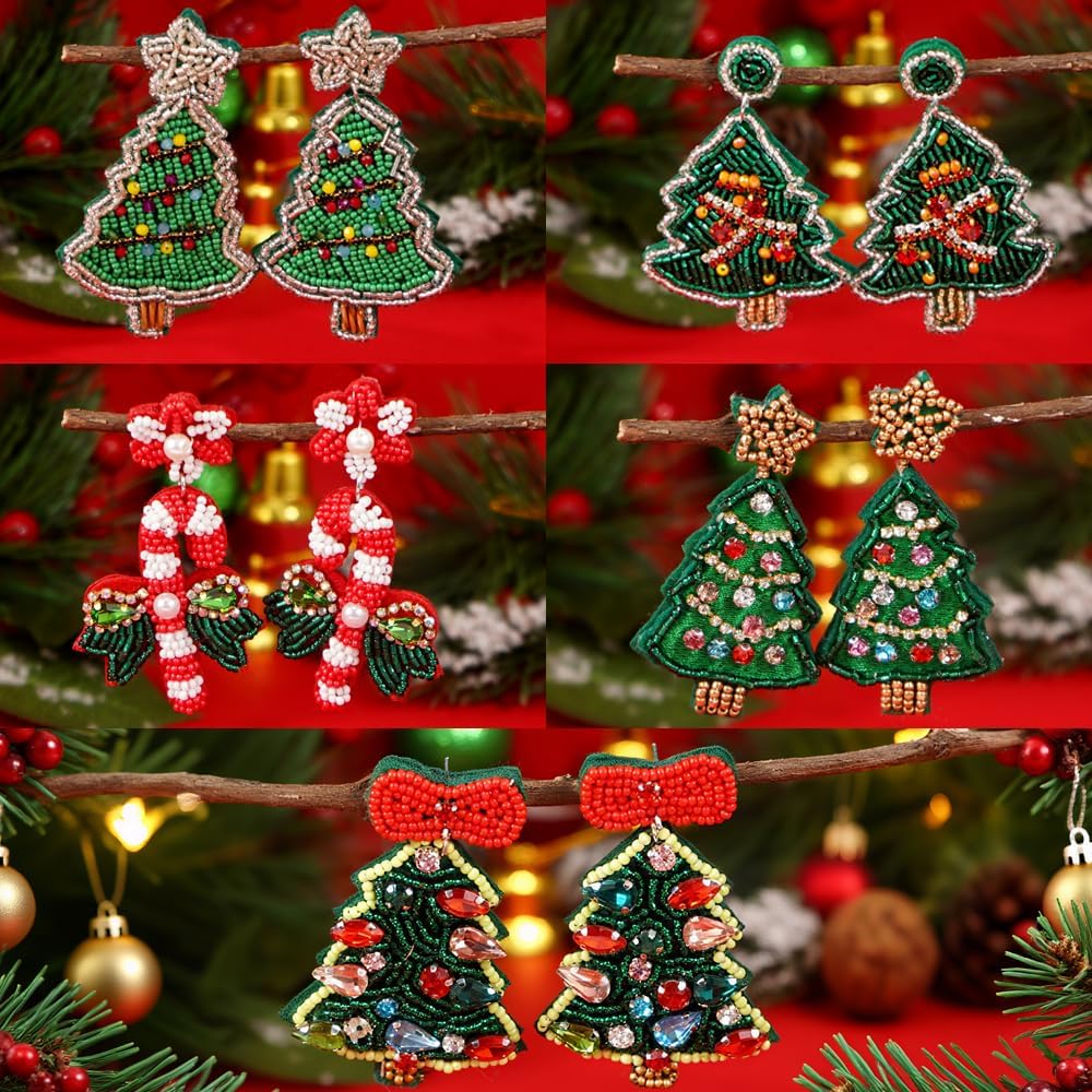 Christmas Beaded Statement Dangle Earrings for Women - Handmade Tree Drop Dangling Jewelry, Cute Xmas Santa Snowflake Stocking Holiday Jewelry Gifts - Image 5