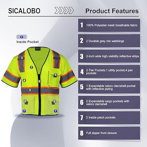 Miniatura 5 de Chaleco de malla de seguridad de alta visibilidad para hombre con 10 bolsillos, chaleco reflectante Hi Vis, clase 3, ropa de trabajo con cremallera