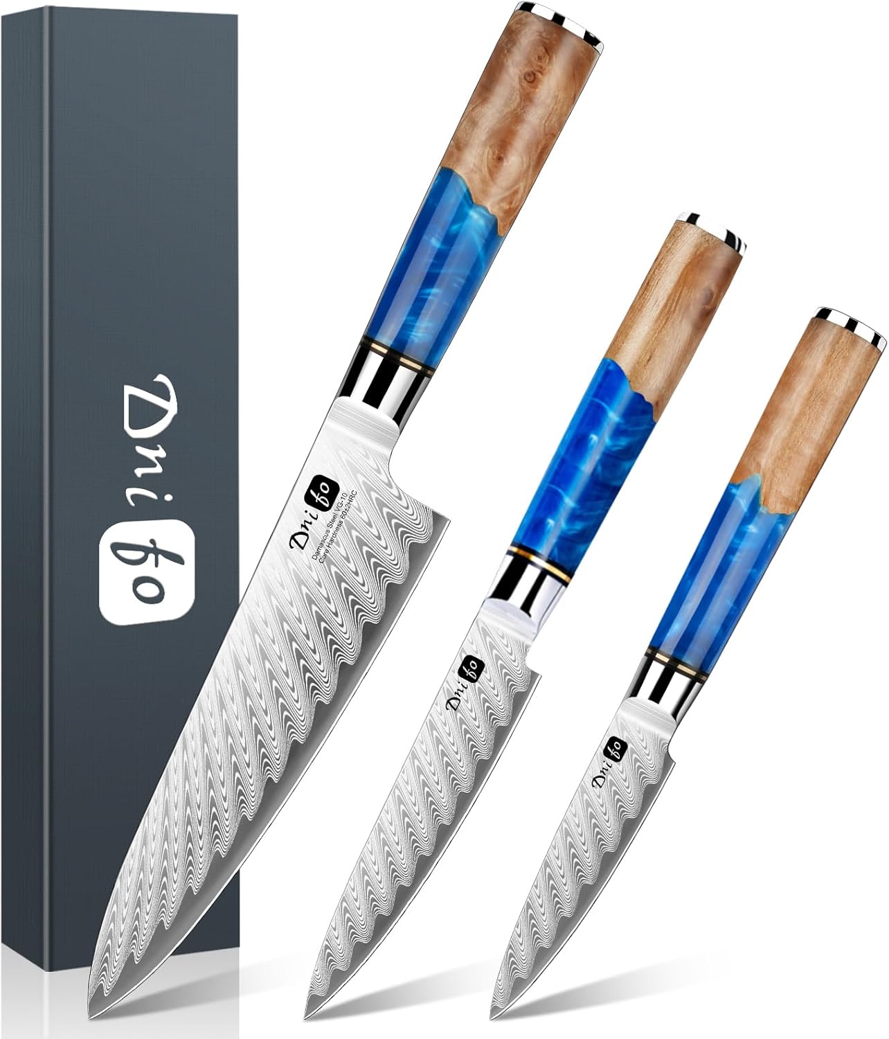 Kitchen Knife Set of 3,Damascus VG10 Steel,Ocean Blue Handle Series