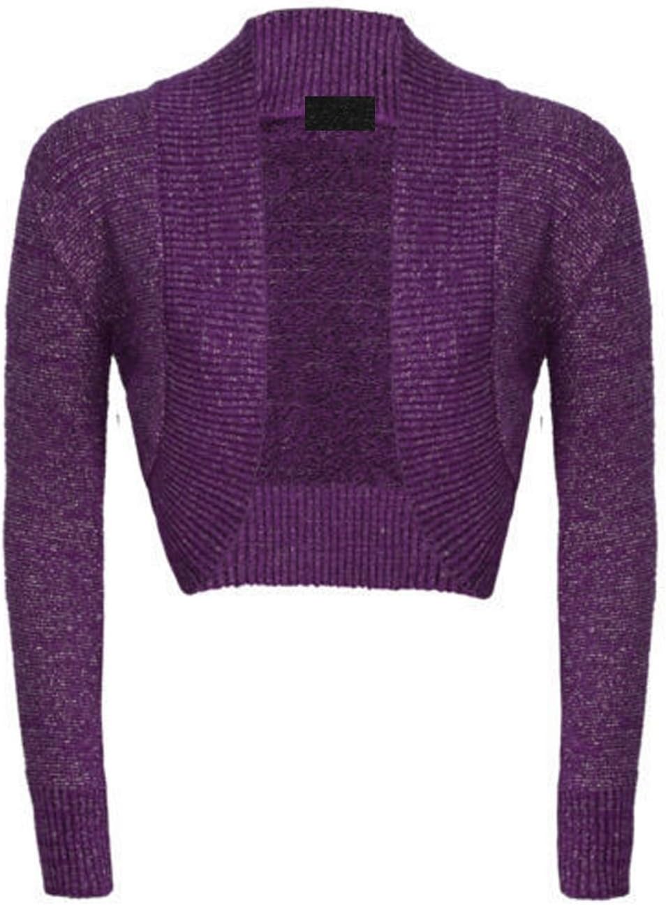 Womens Girls Long Sleeve Knitted Metallic Lurex Shrug Ladies Evening party Bolero Cardigan-£5.99, Sizes 8-14 (S/M(8-12), Purple)